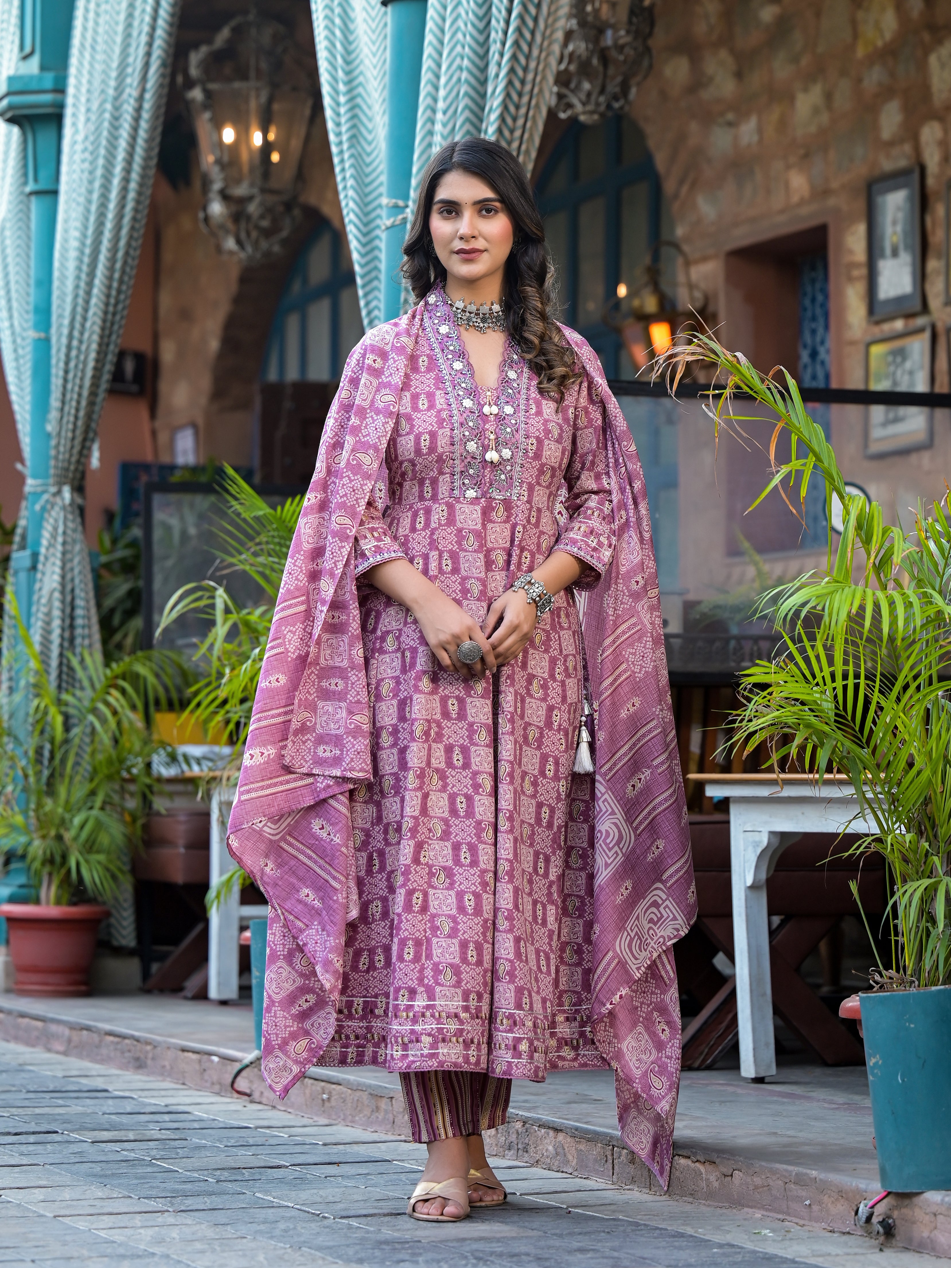 Embroidered & Printed Flared Kurta with pant & dupatta