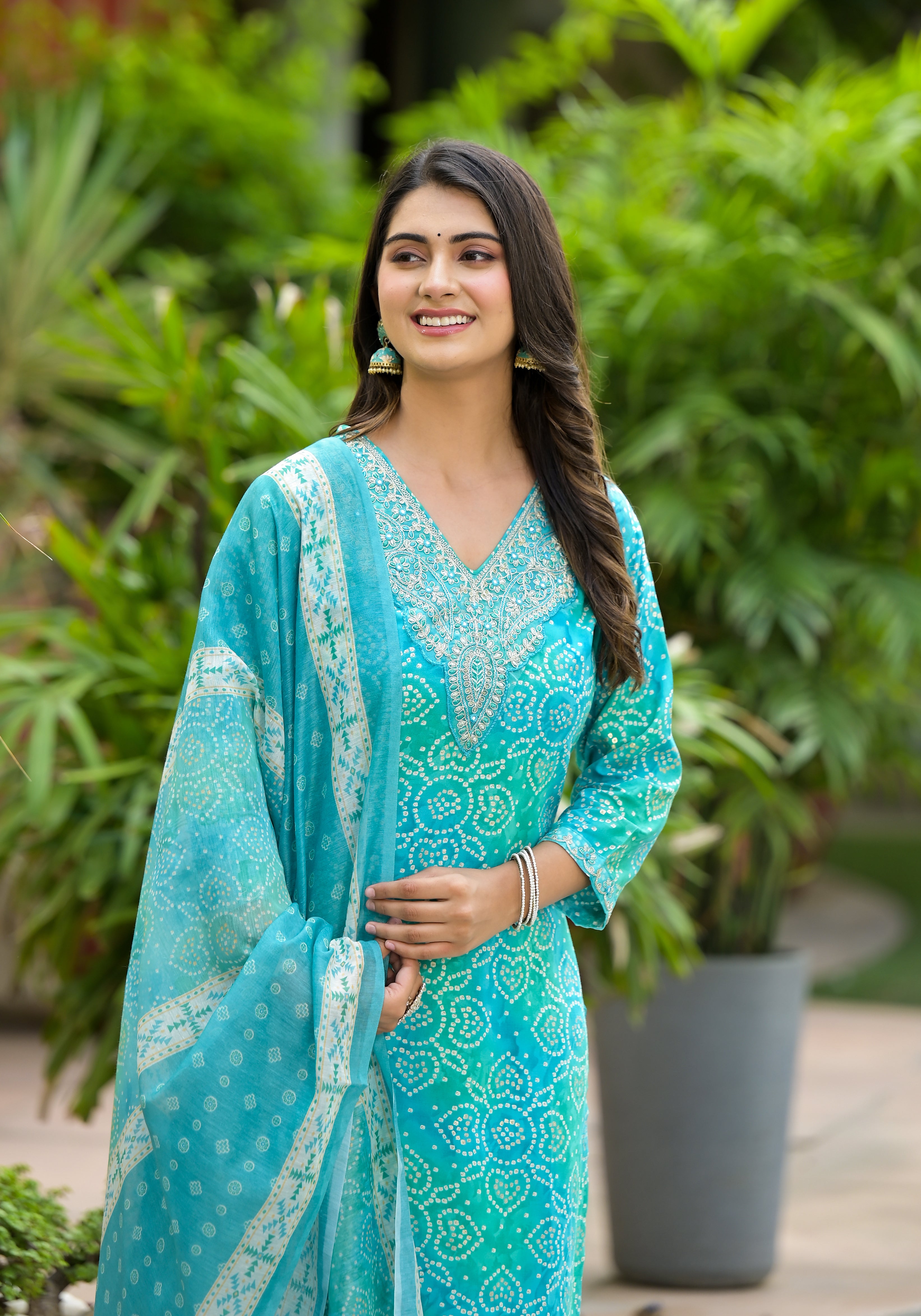 Applique Embroidered & Bandhani Printed Kurta with Pant & Printed Dupatta