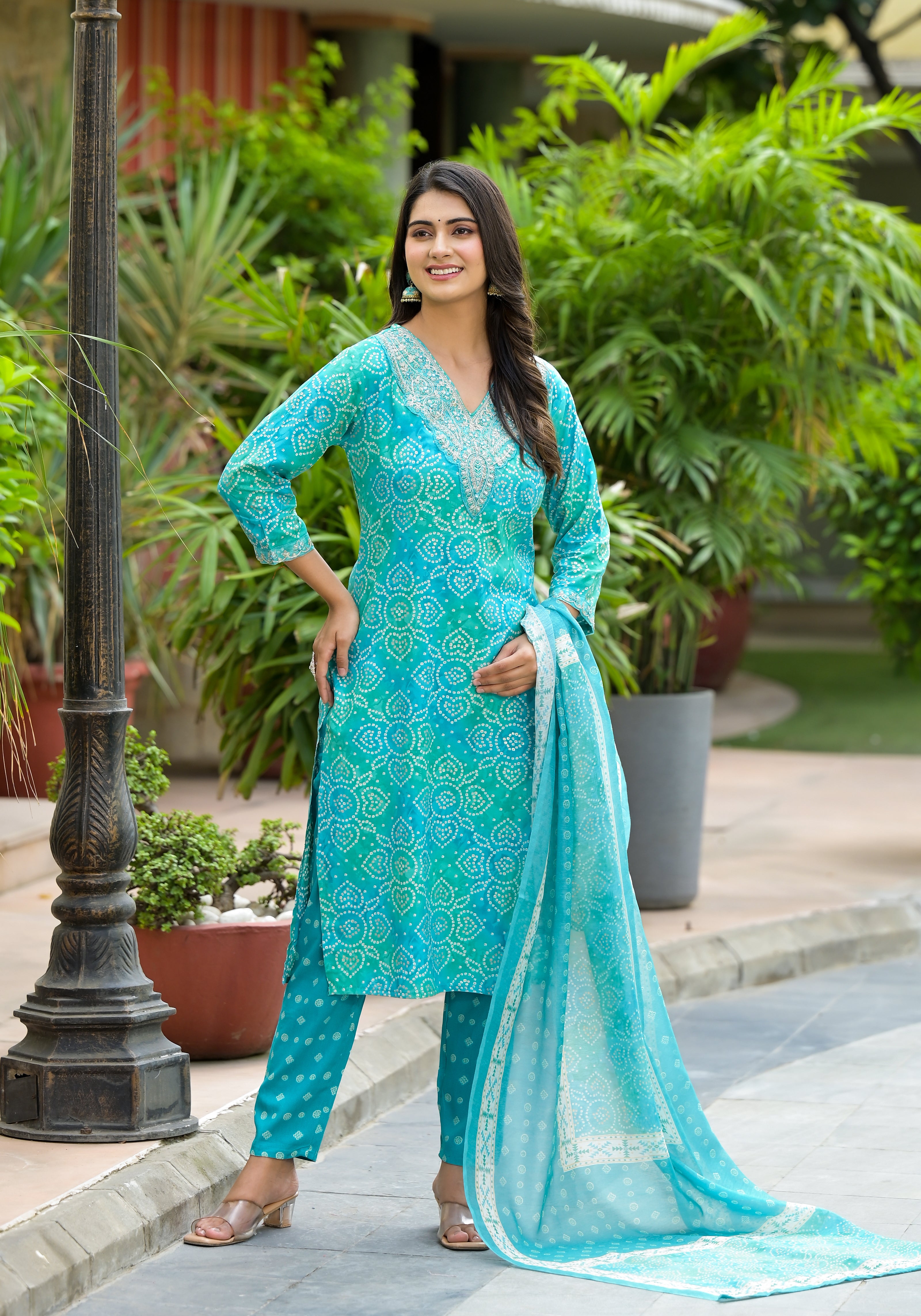 Applique Embroidered & Bandhani Printed Kurta with Pant & Printed Dupatta