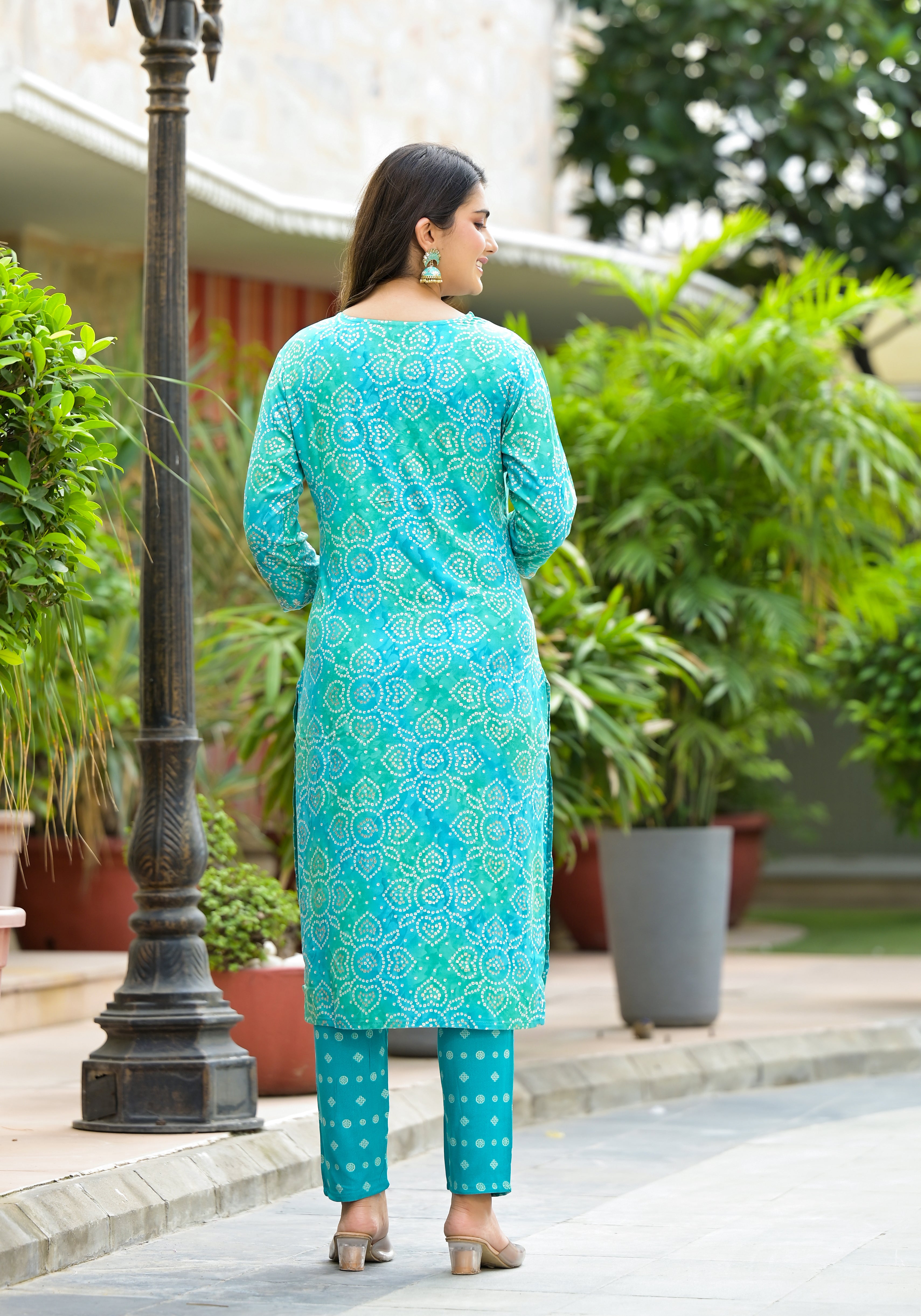 Applique Embroidered & Bandhani Printed Kurta with Pant & Printed Dupatta