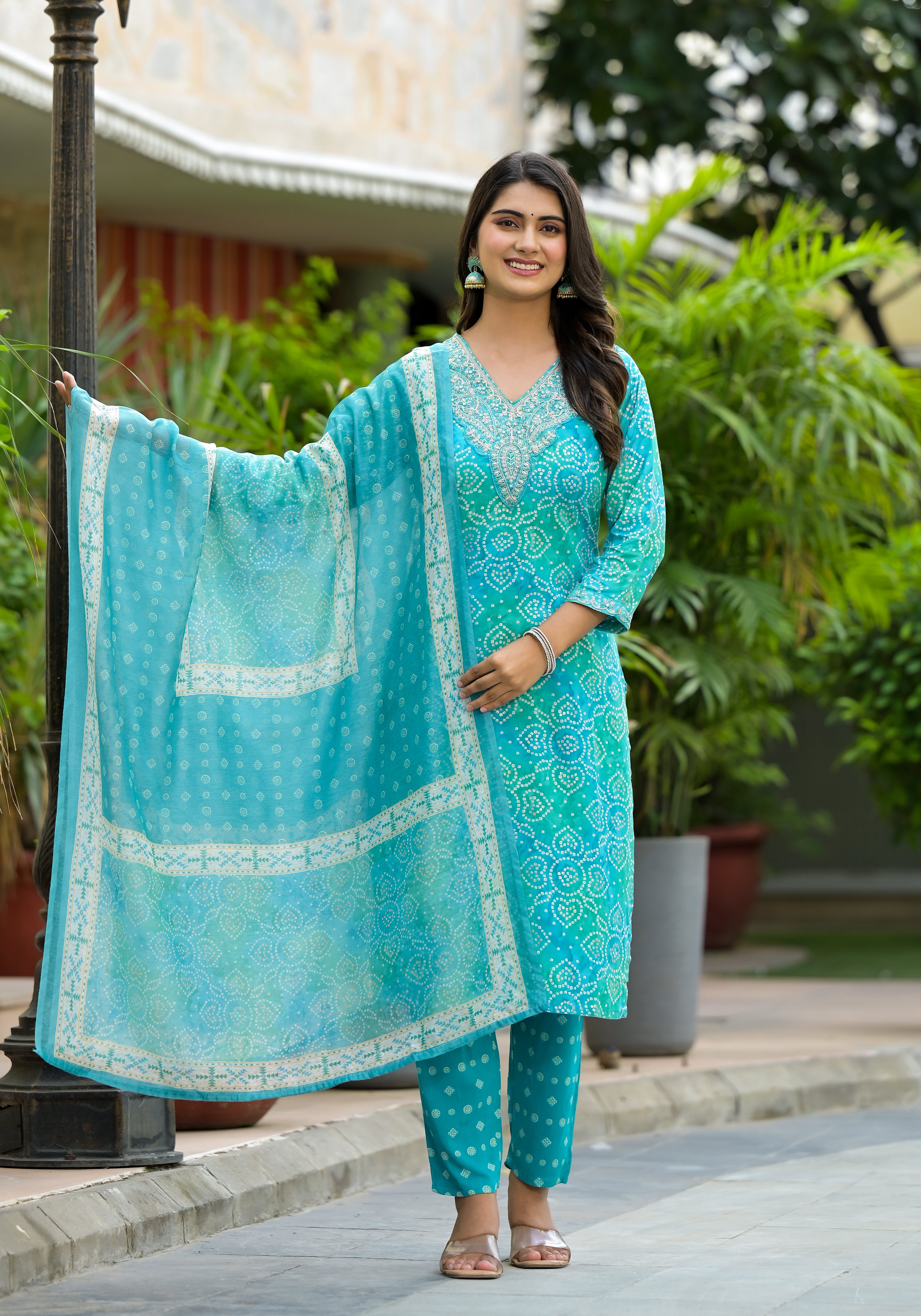 Applique Embroidered & Bandhani Printed Kurta with Pant & Printed Dupatta