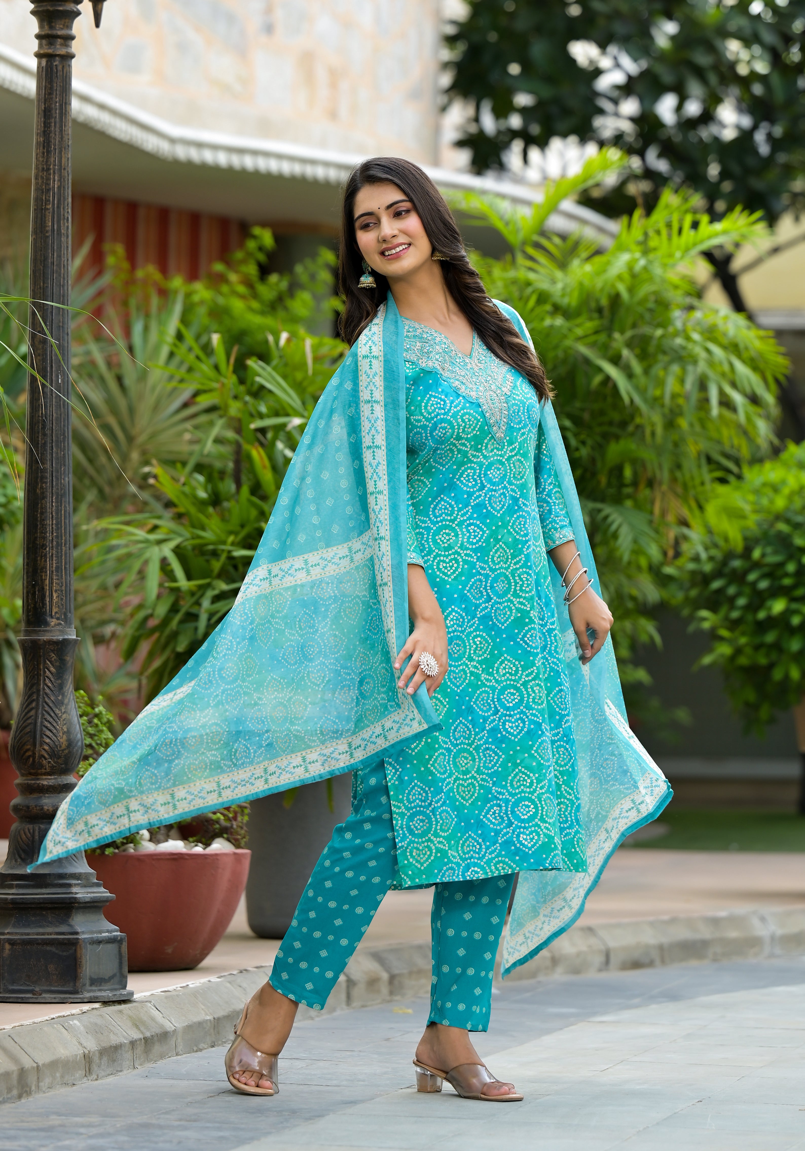 Applique Embroidered & Bandhani Printed Kurta with Pant & Printed Dupatta