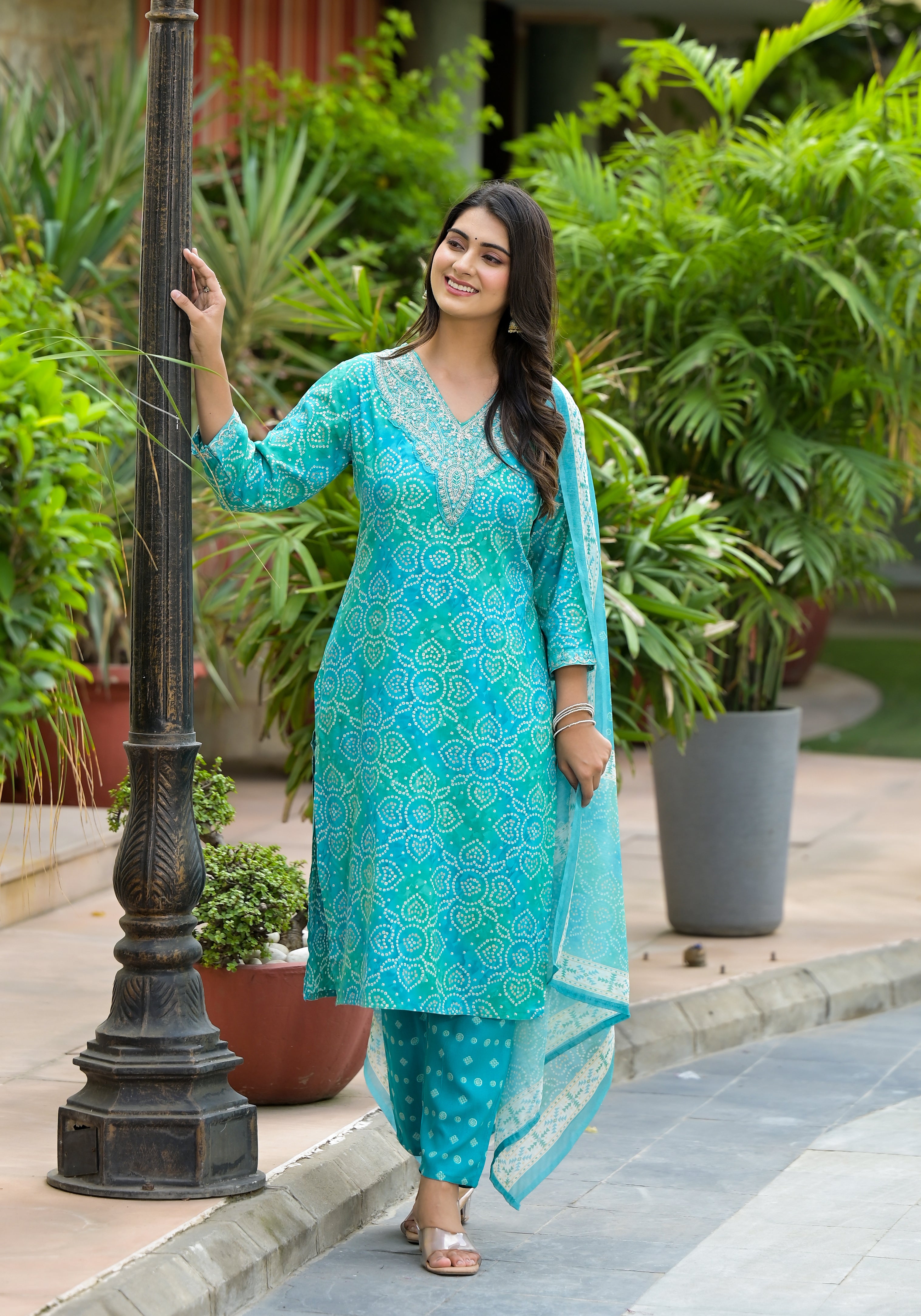 Applique Embroidered & Bandhani Printed Kurta with Pant & Printed Dupatta