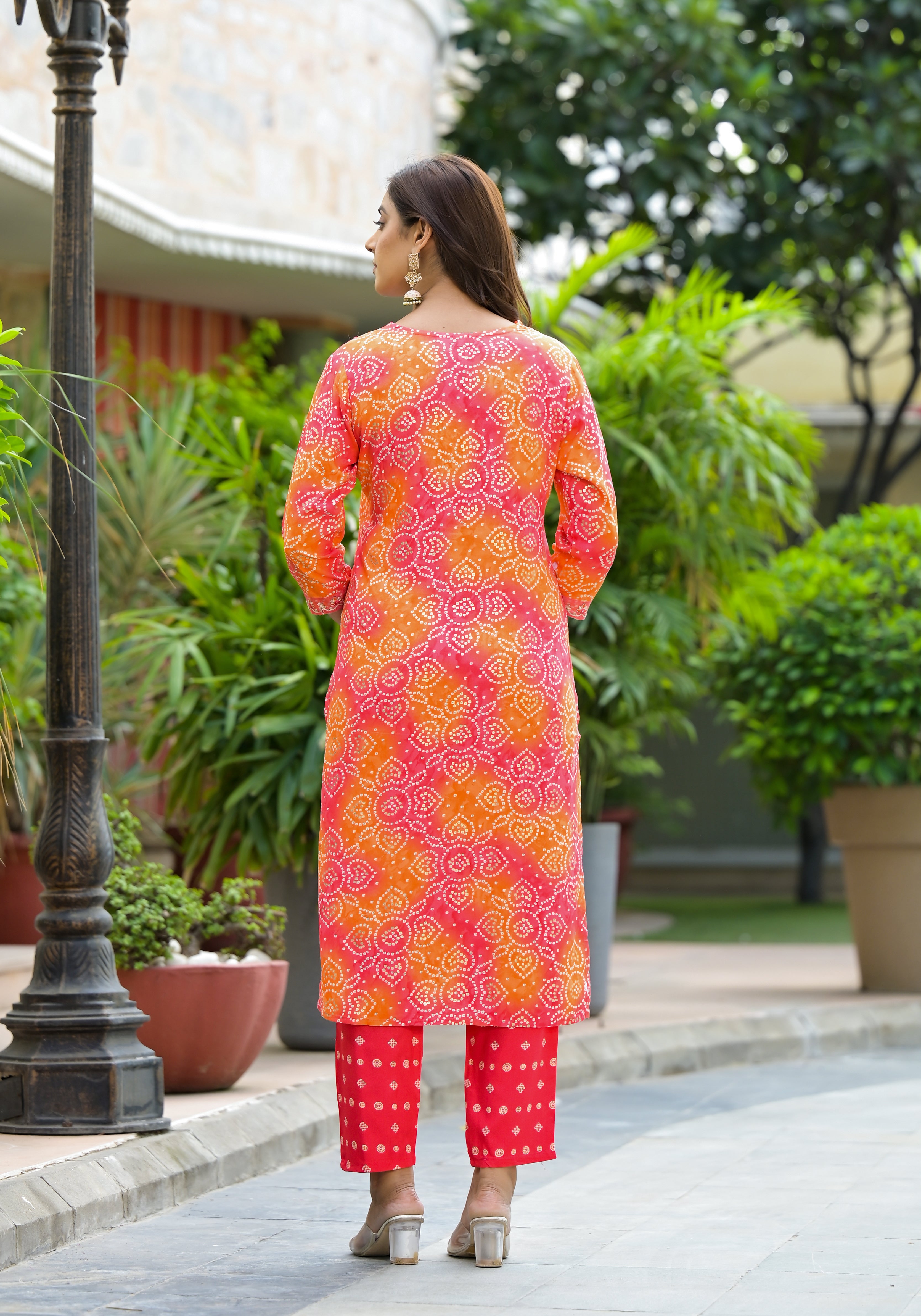 Applique Embroidered & Bandhani Printed Kurta with Pant & Printed Dupatta