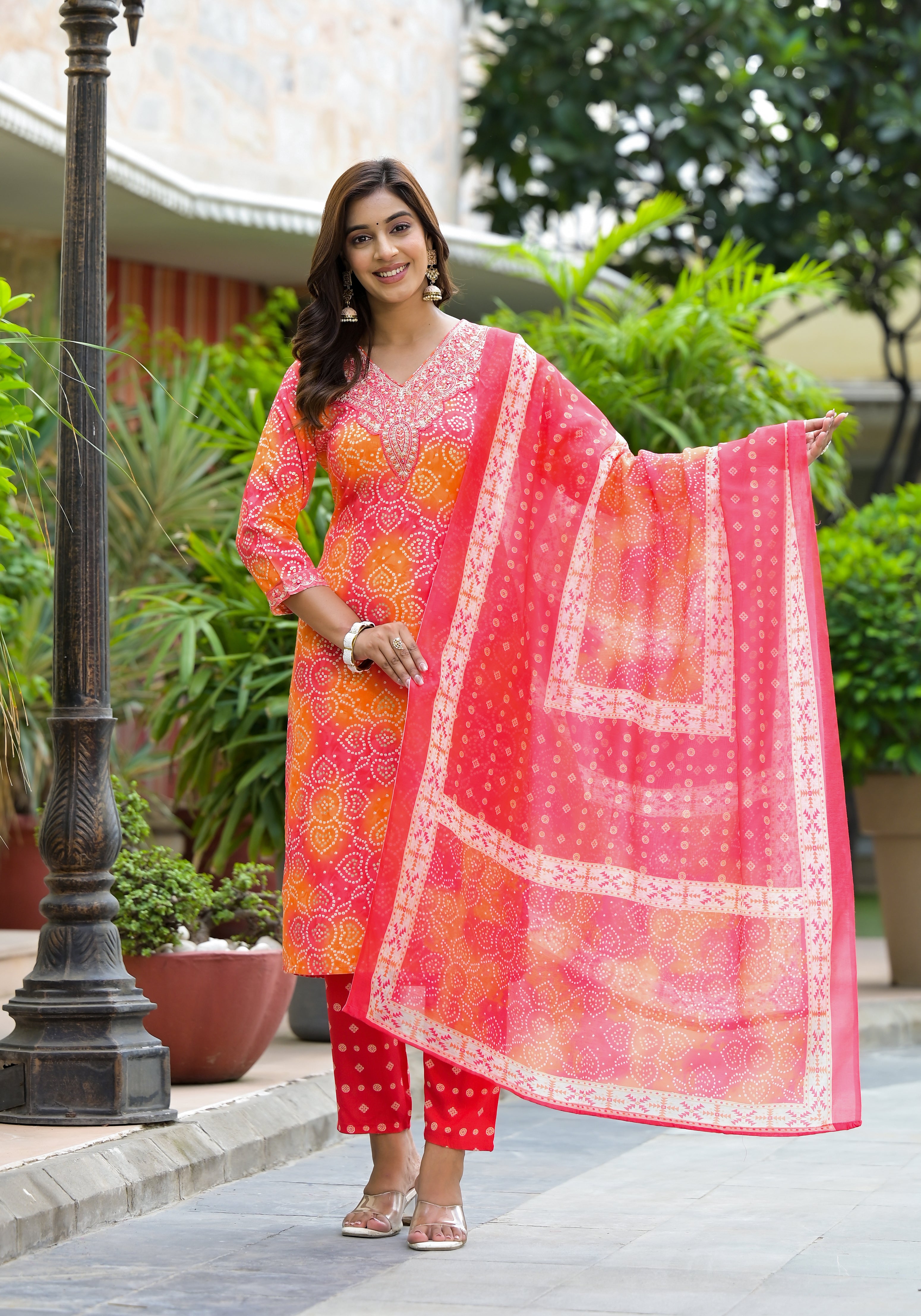 Applique Embroidered & Bandhani Printed Kurta with Pant & Printed Dupatta