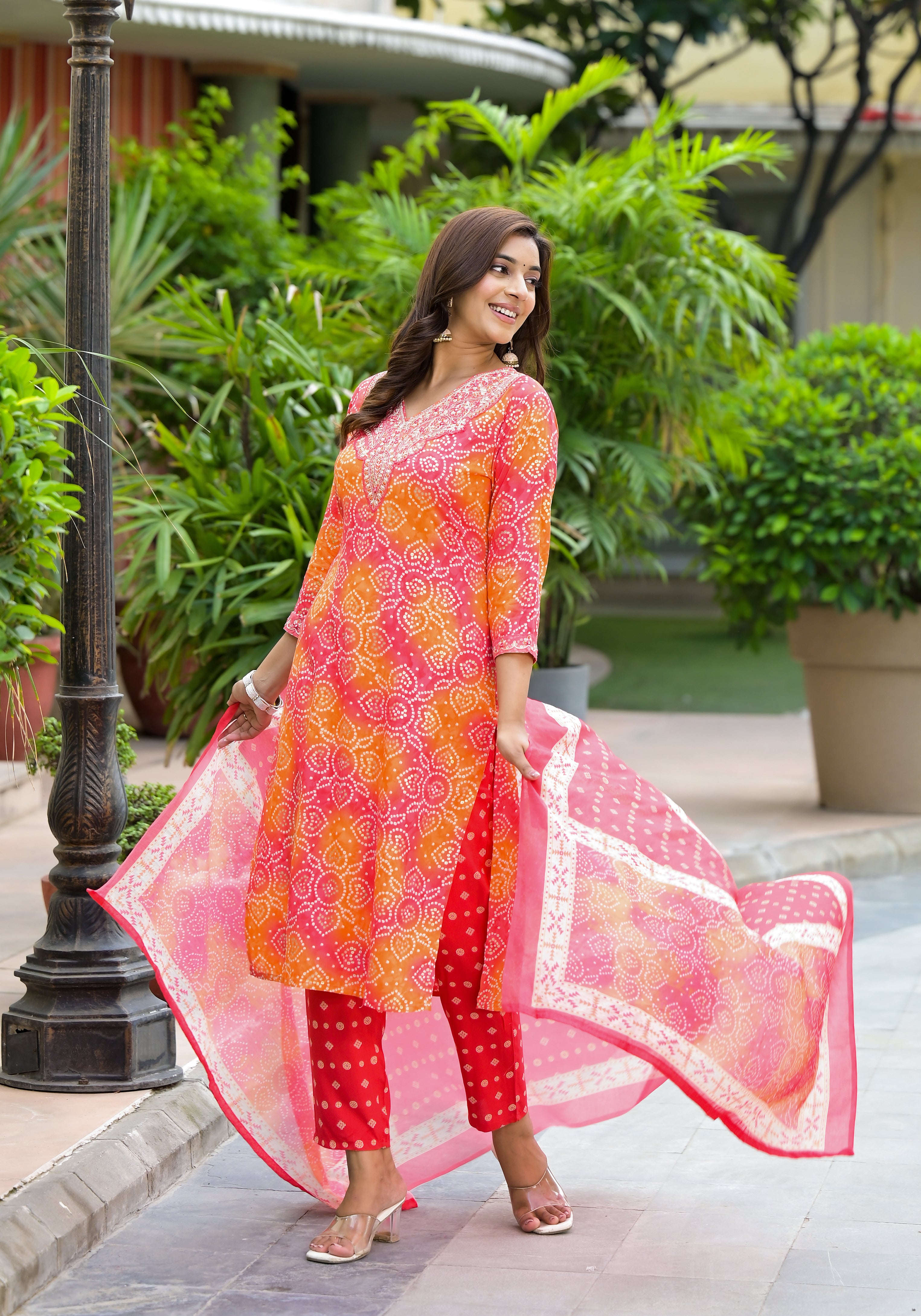 Applique Embroidered & Bandhani Printed Kurta with Pant & Printed Dupatta