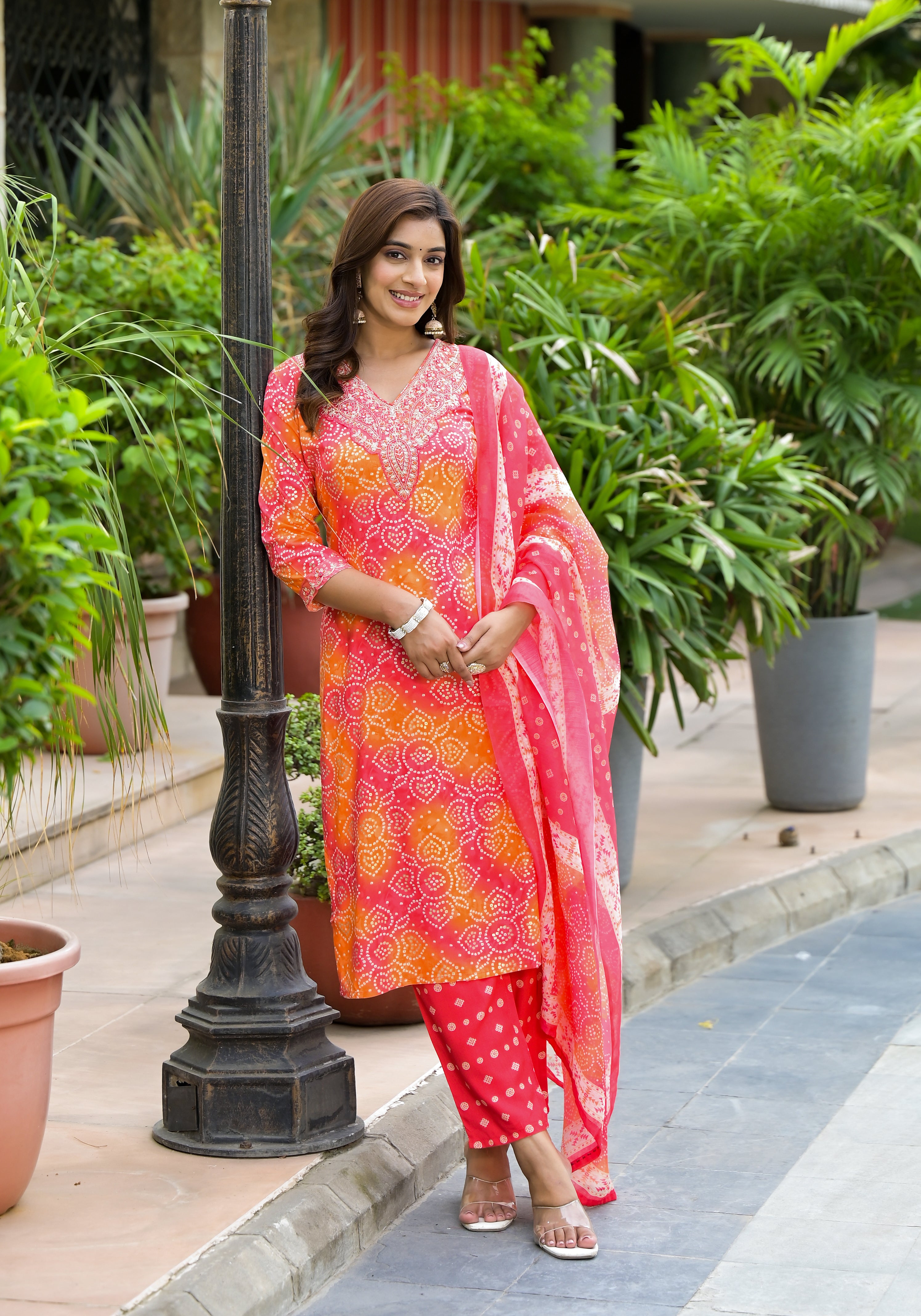 Applique Embroidered & Bandhani Printed Kurta with Pant & Printed Dupatta