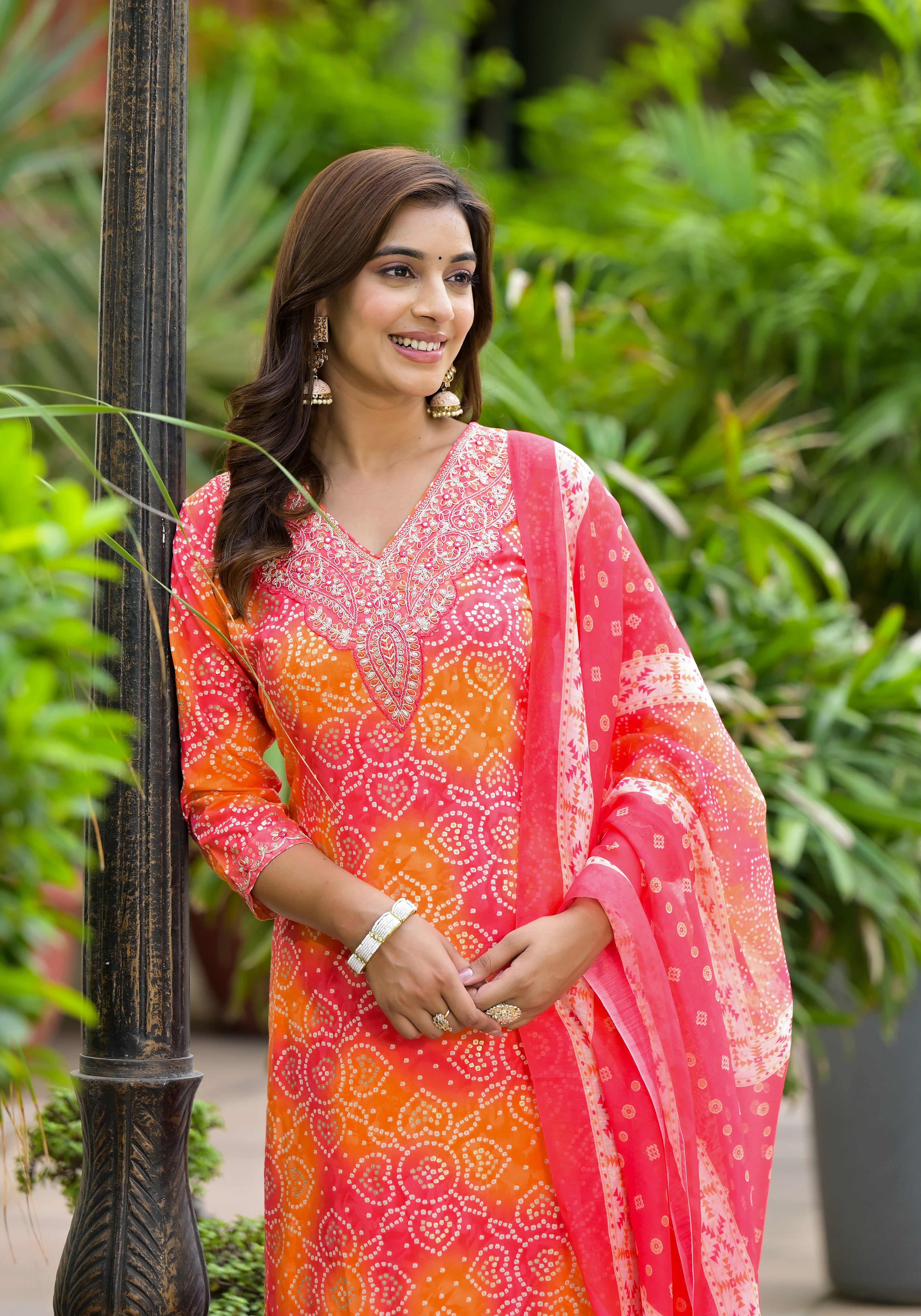 Applique Embroidered & Bandhani Printed Kurta with Pant & Printed Dupatta