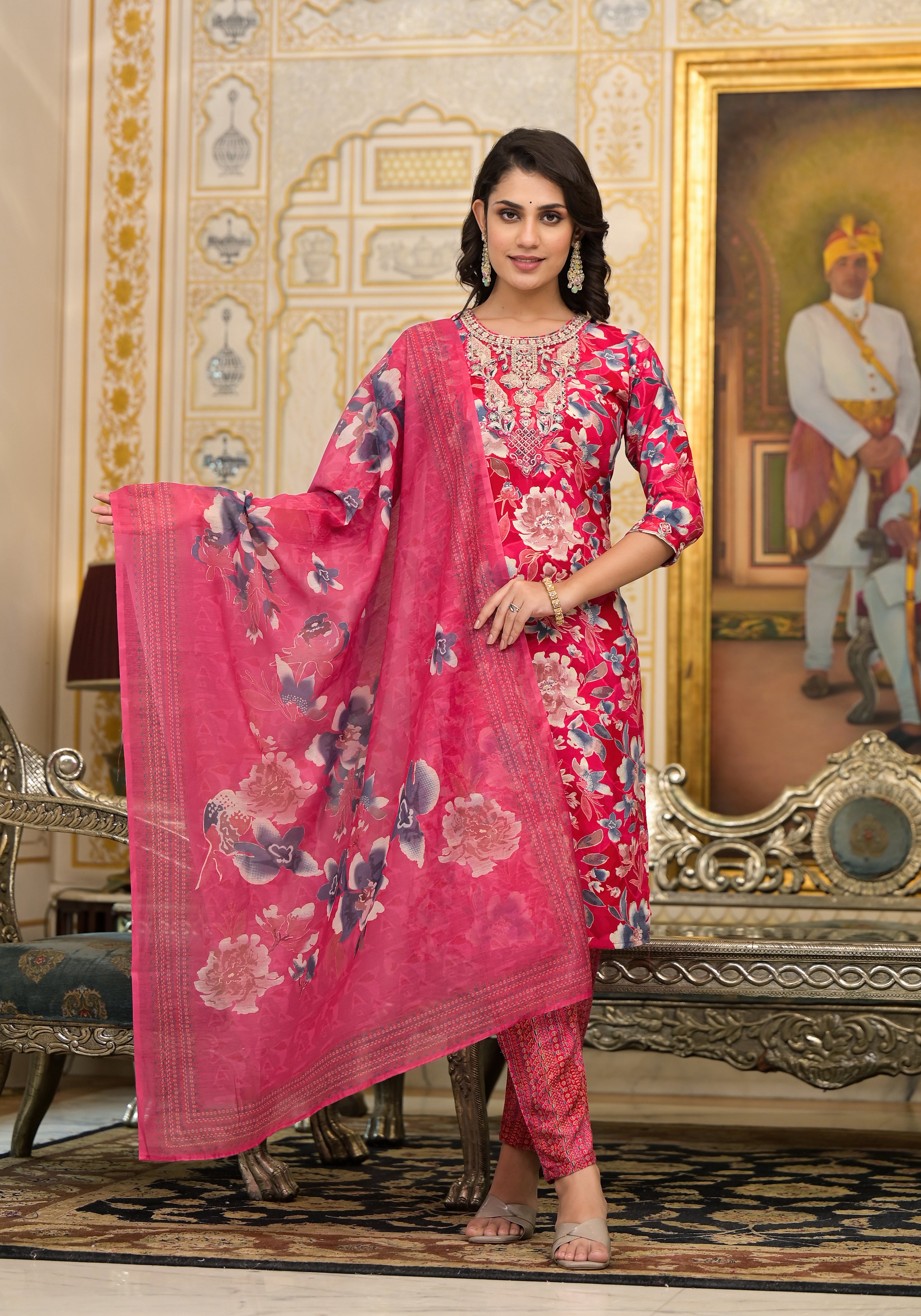 Applique Embroidered & Floral Printed Kurta with Pant & Printed Dupatta