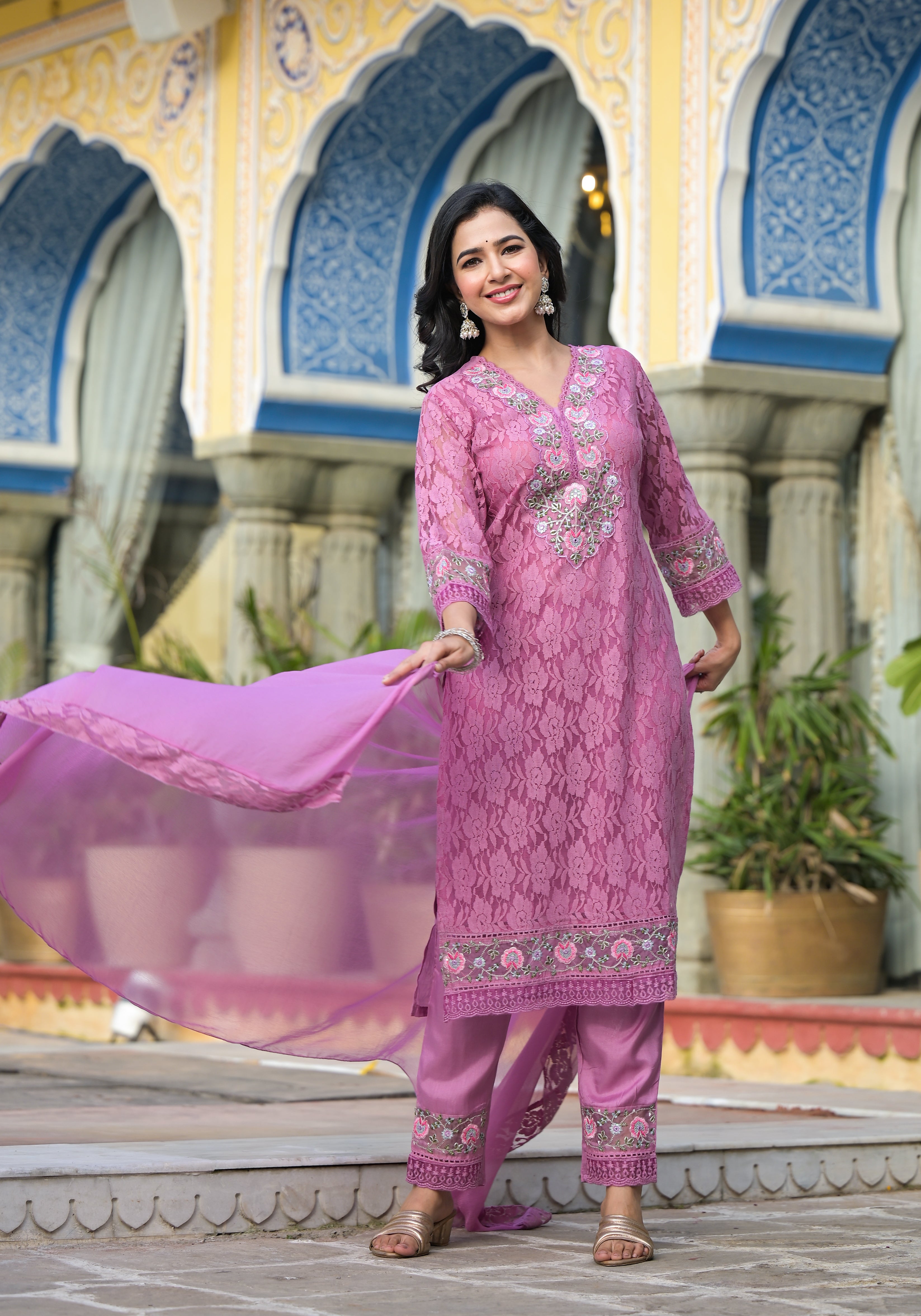 Embroidered Applique Net Kurta With pant & Lace dupatta