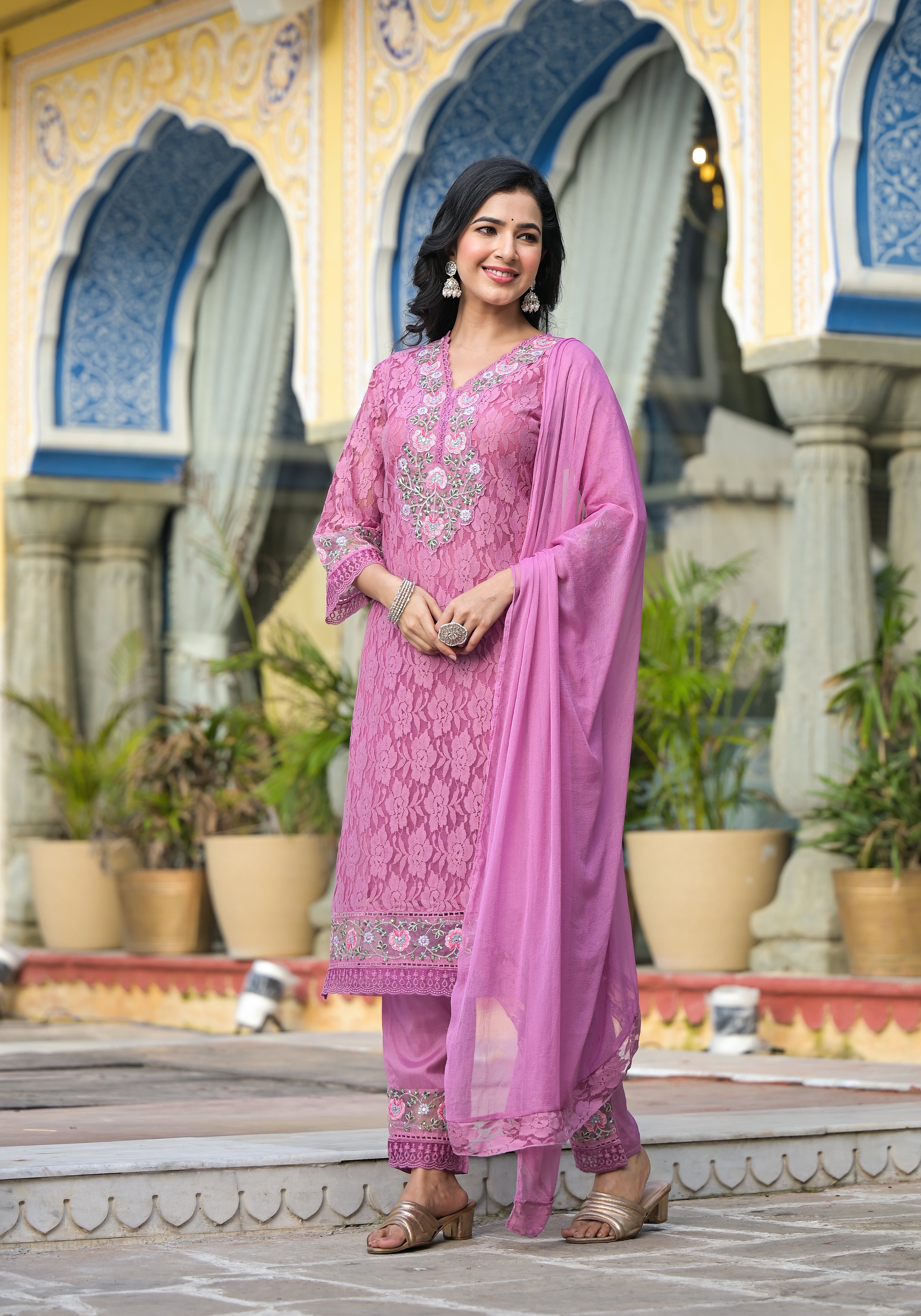 Embroidered Applique Net Kurta With pant & Lace dupatta