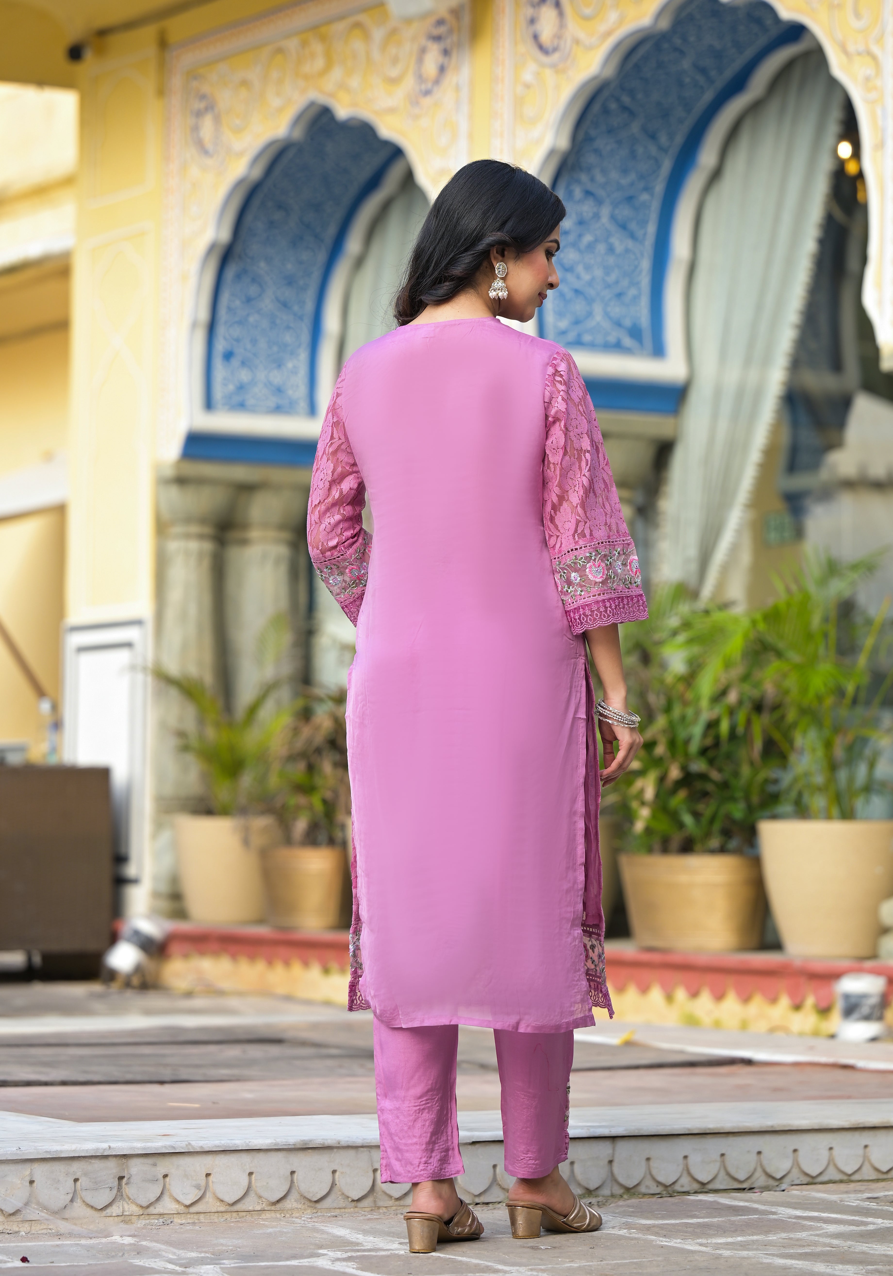 Embroidered Applique Net Kurta With pant & Lace dupatta