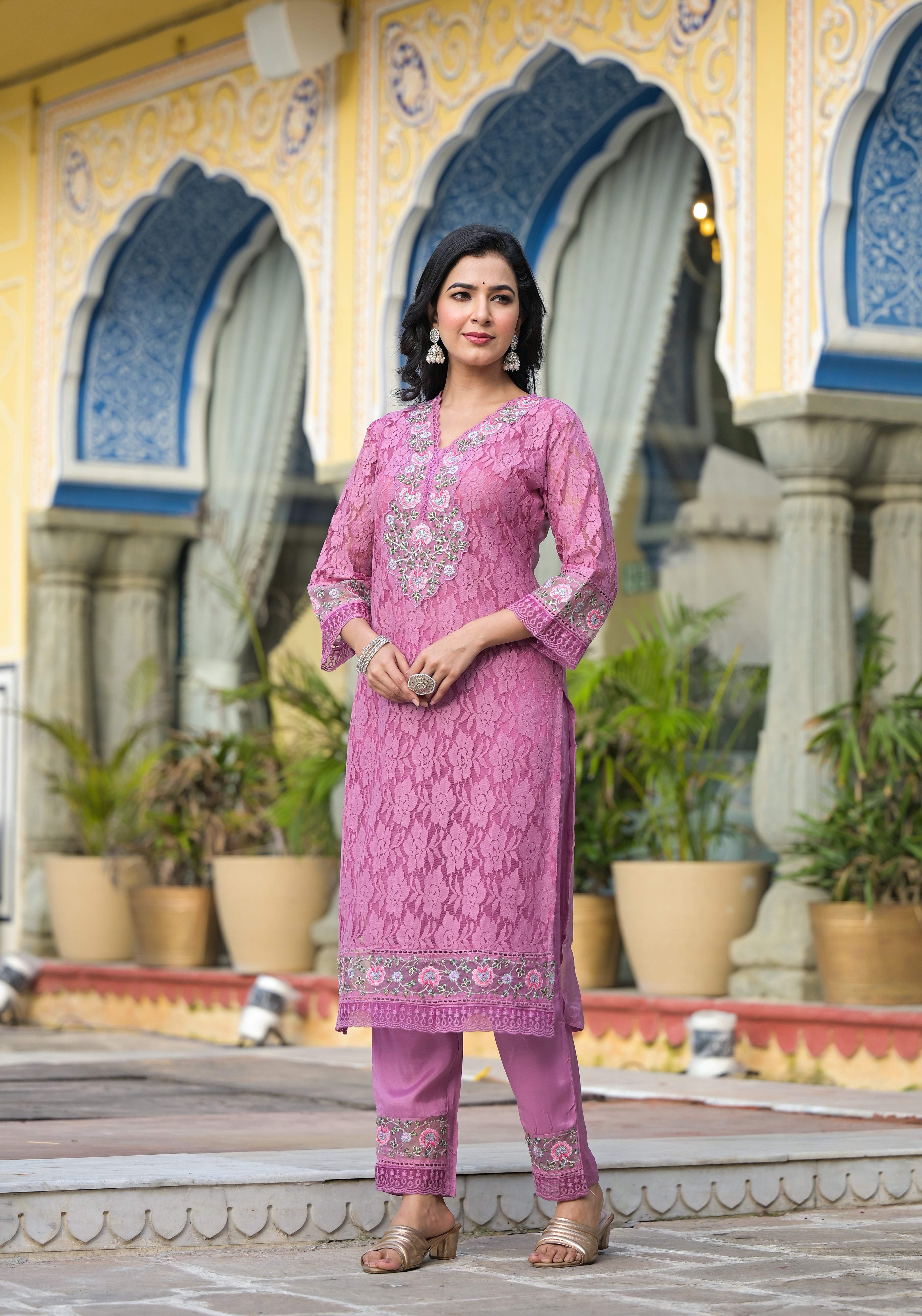 Embroidered Applique Net Kurta With pant & Lace dupatta