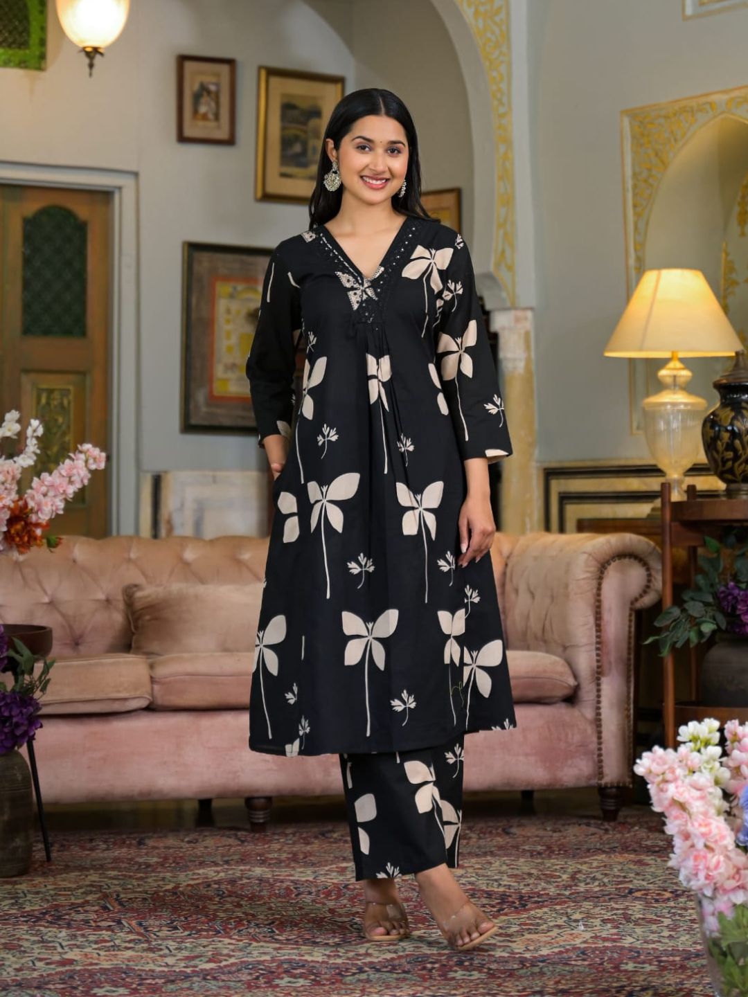 Floral Printed & Neckline Embroidered Kurta with Palazzo