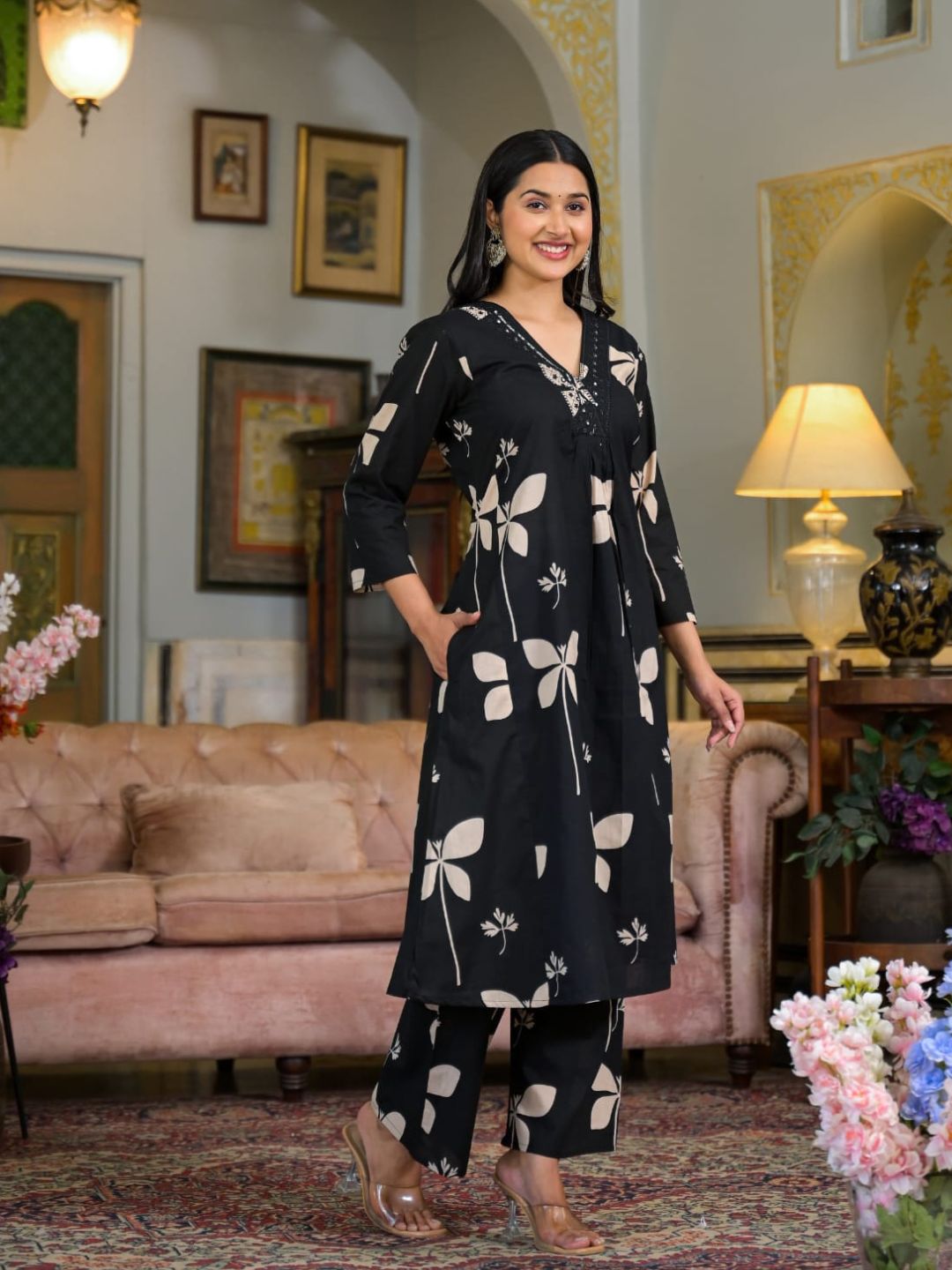 Floral Printed & Neckline Embroidered Kurta with Palazzo