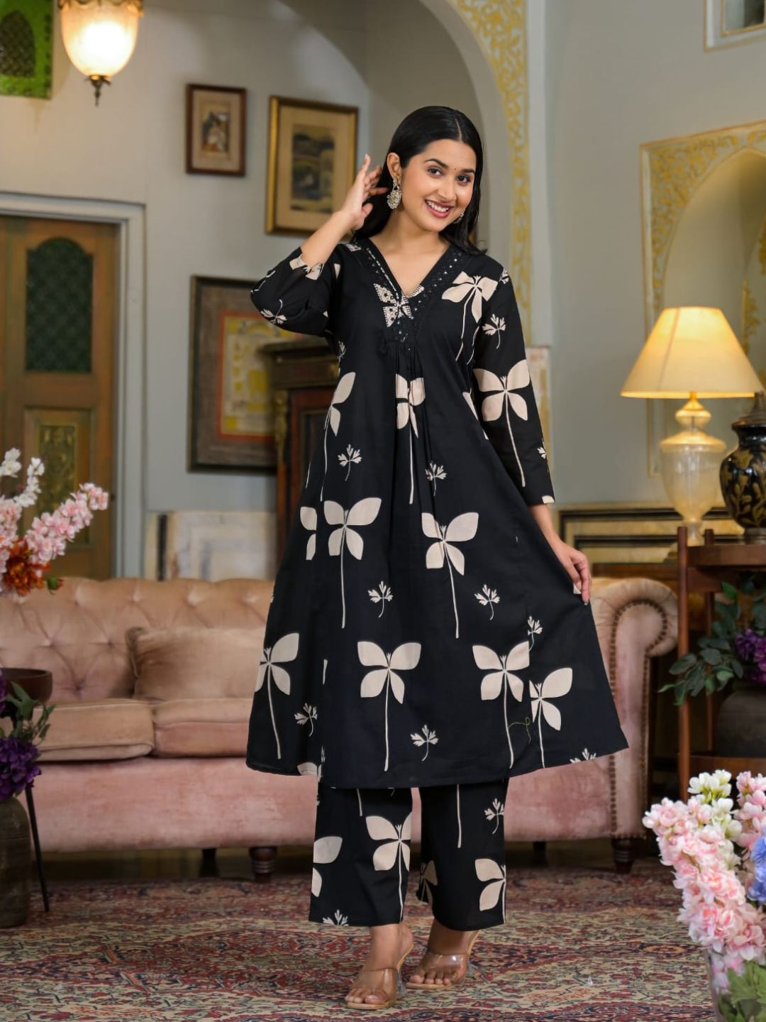 Floral Printed & Neckline Embroidered Kurta with Palazzo