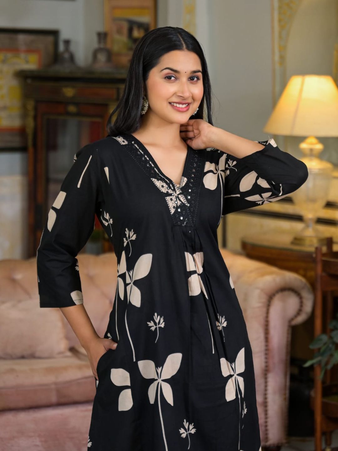 Floral Printed & Neckline Embroidered Kurta with Palazzo