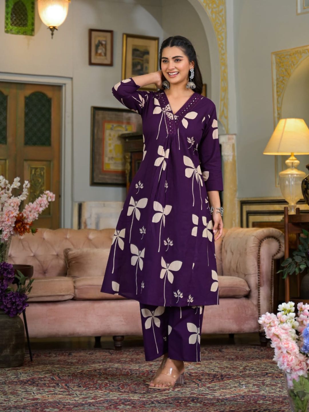 Floral Printed & Neckline Embroidered Kurta with Palazzo