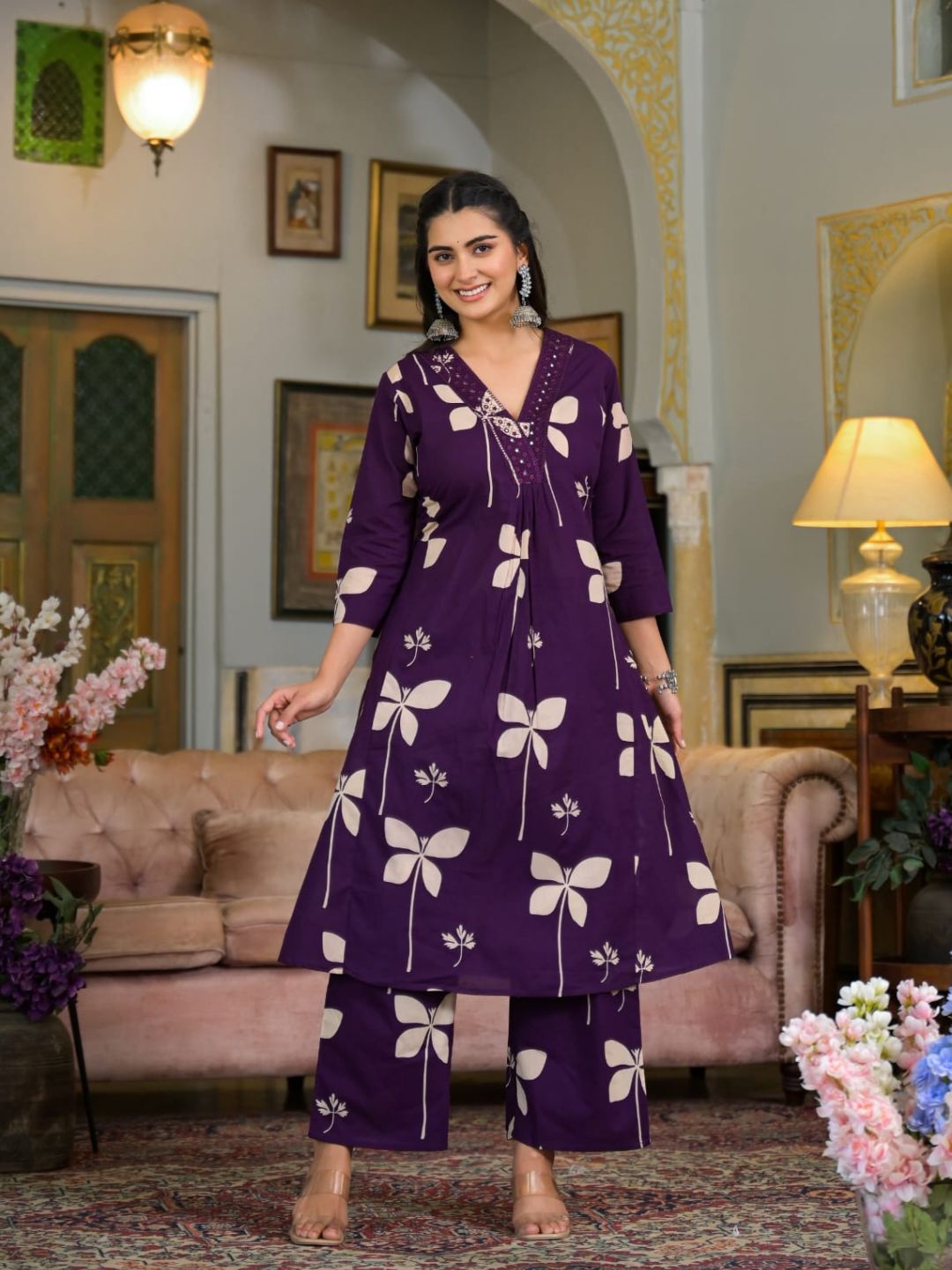 Floral Printed & Neckline Embroidered Kurta with Palazzo