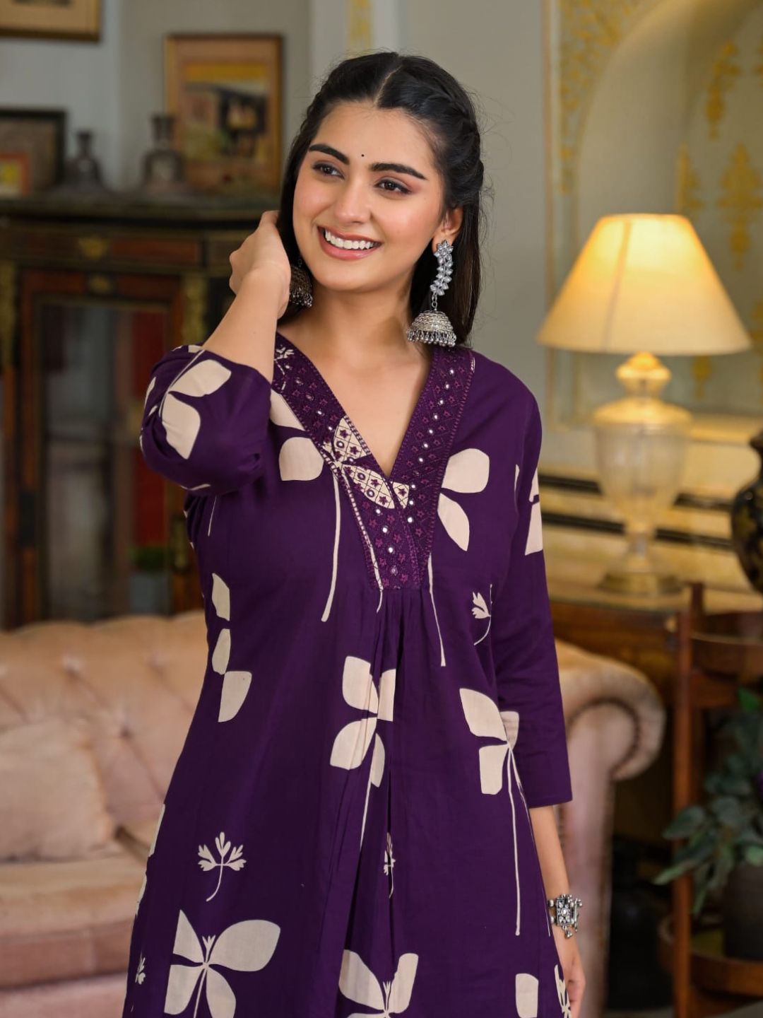 Floral Printed & Neckline Embroidered Kurta with Palazzo