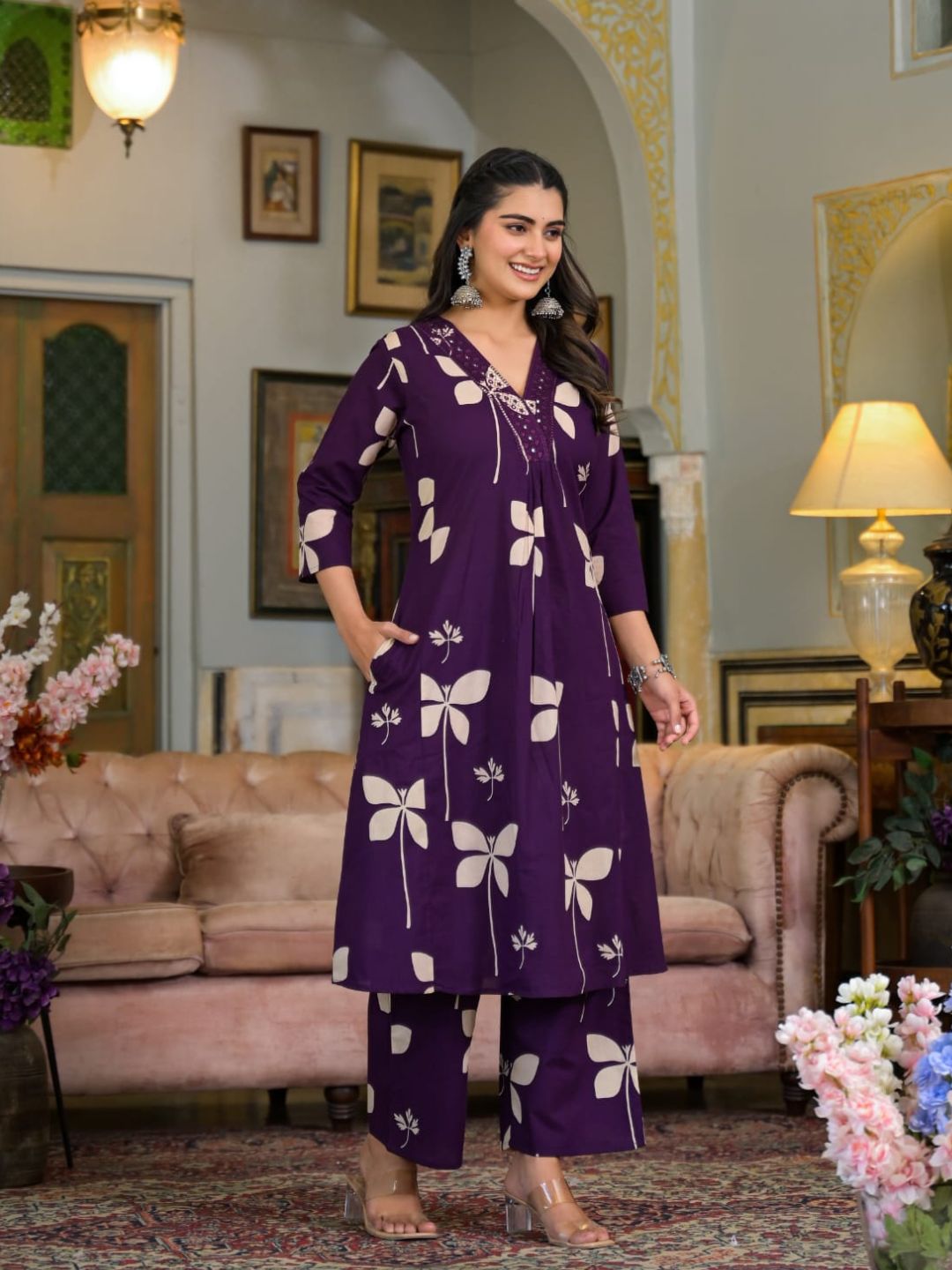 Floral Printed & Neckline Embroidered Kurta with Palazzo