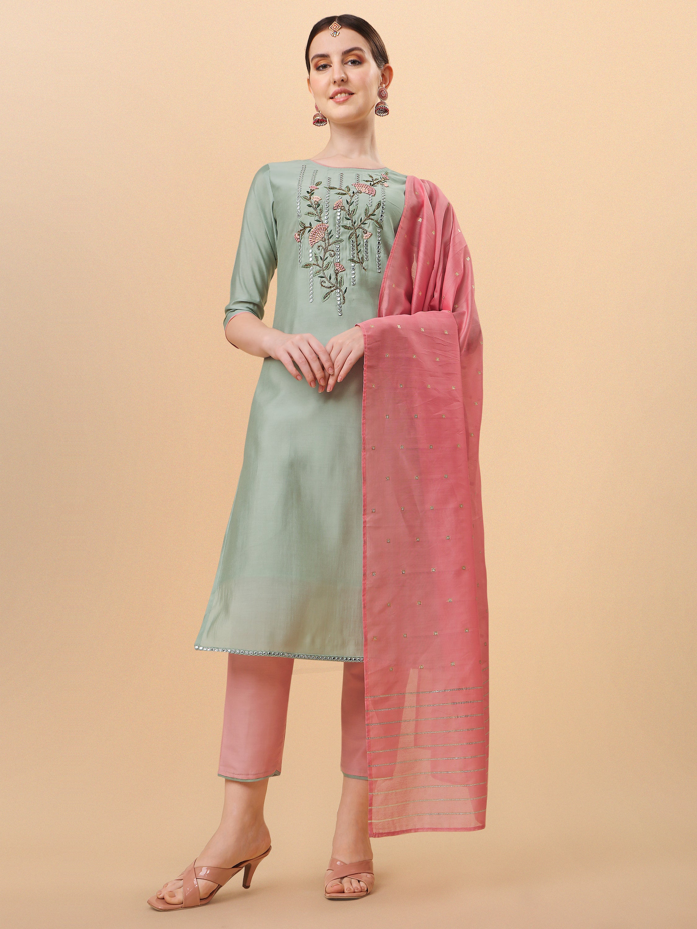 Mirror Embroidered Kurta with Pant & Dupatta Set