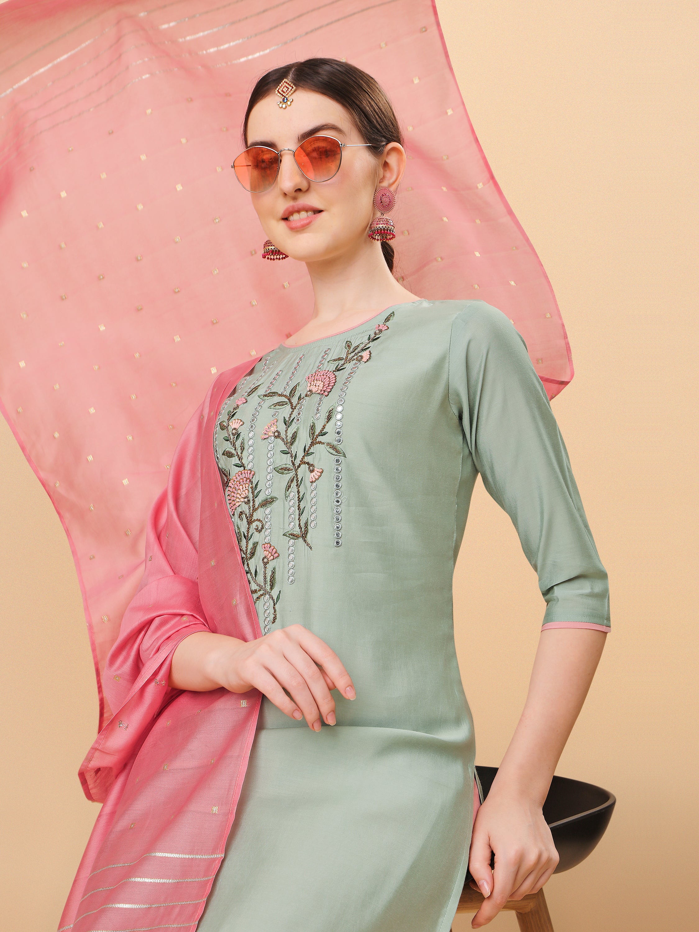 Mirror Embroidered Kurta with Pant & Dupatta Set