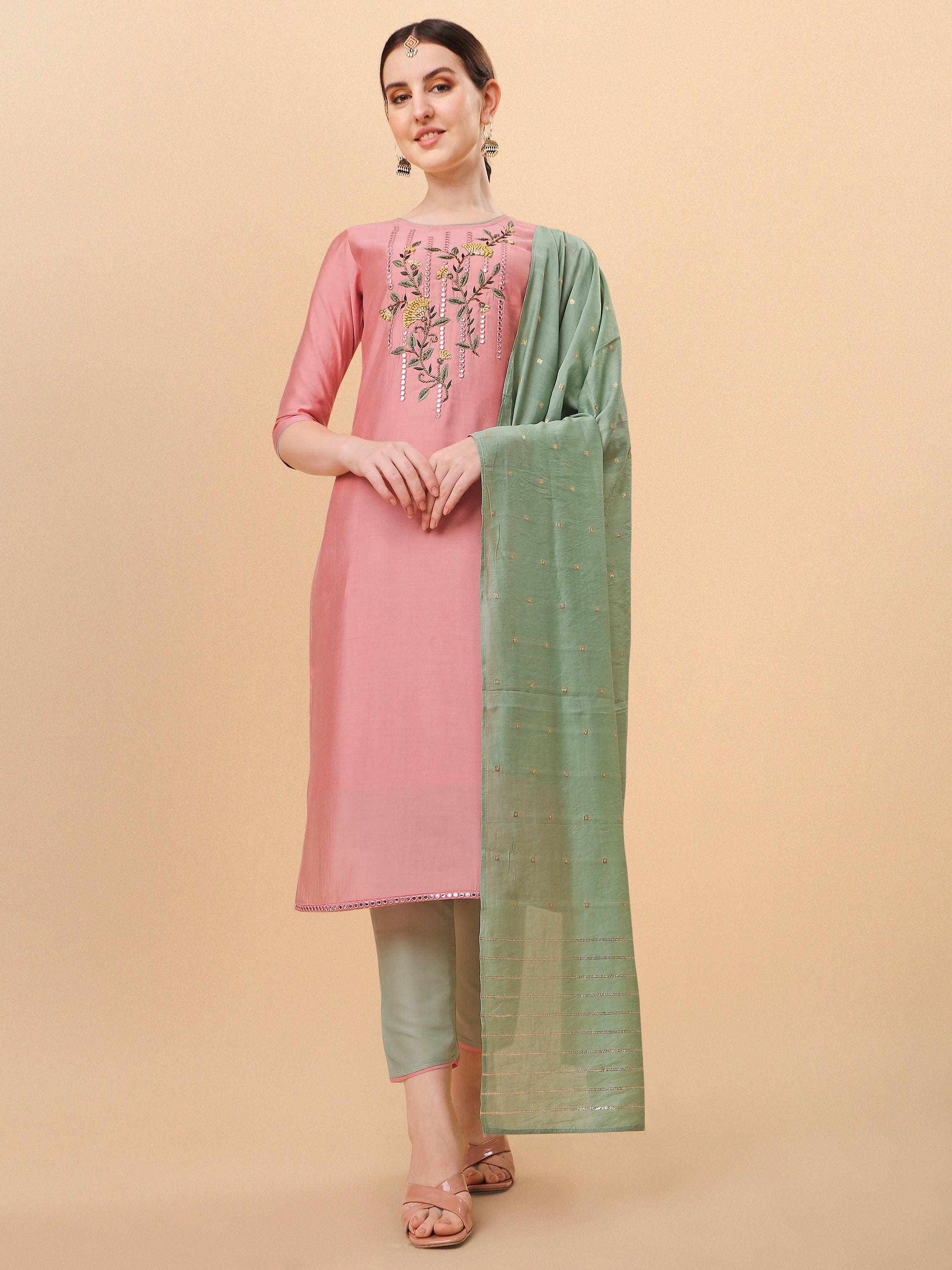 Mirror Embroidered Kurta with & Dupatta Set