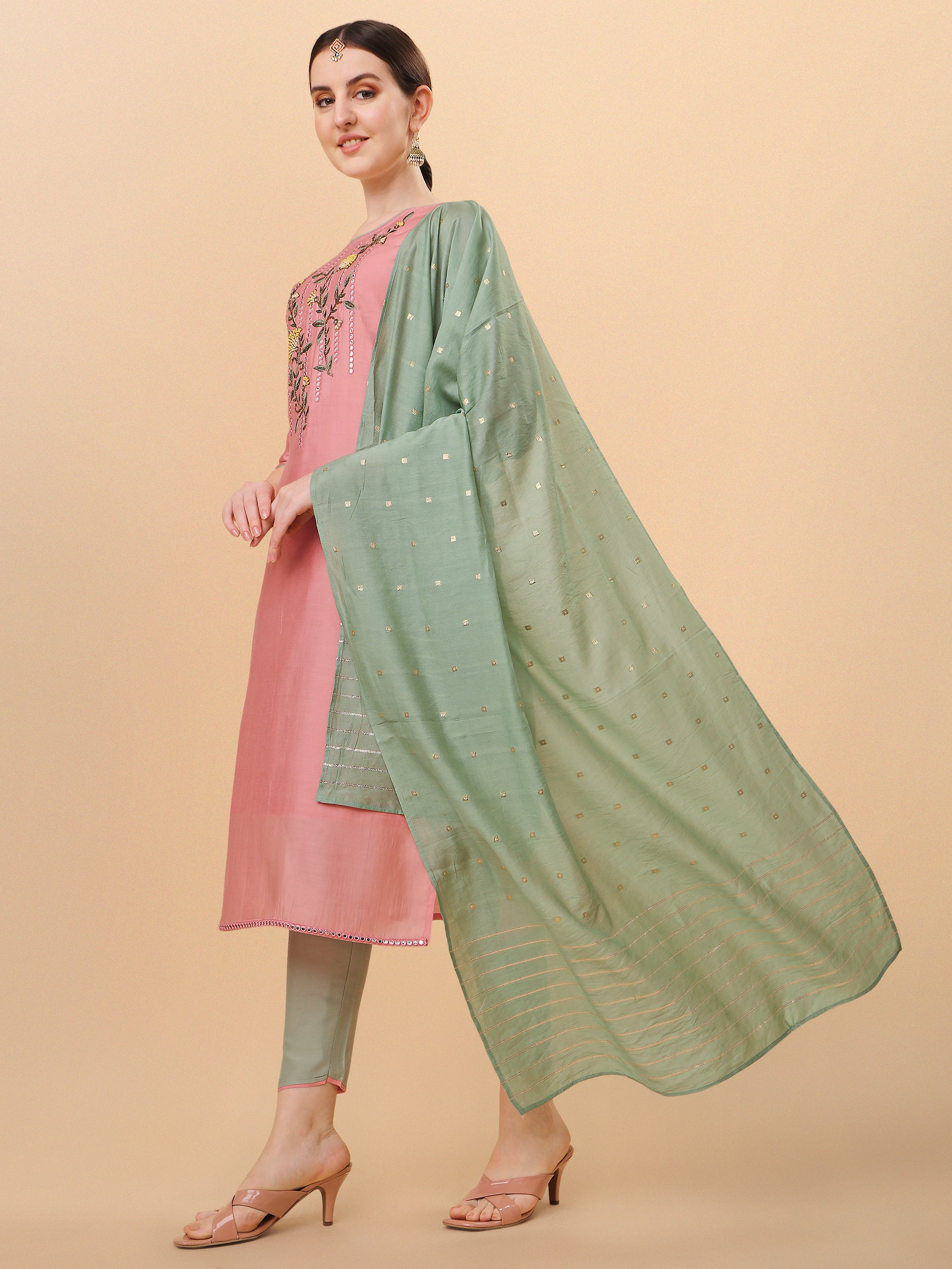 Mirror Embroidered Kurta with & Dupatta Set