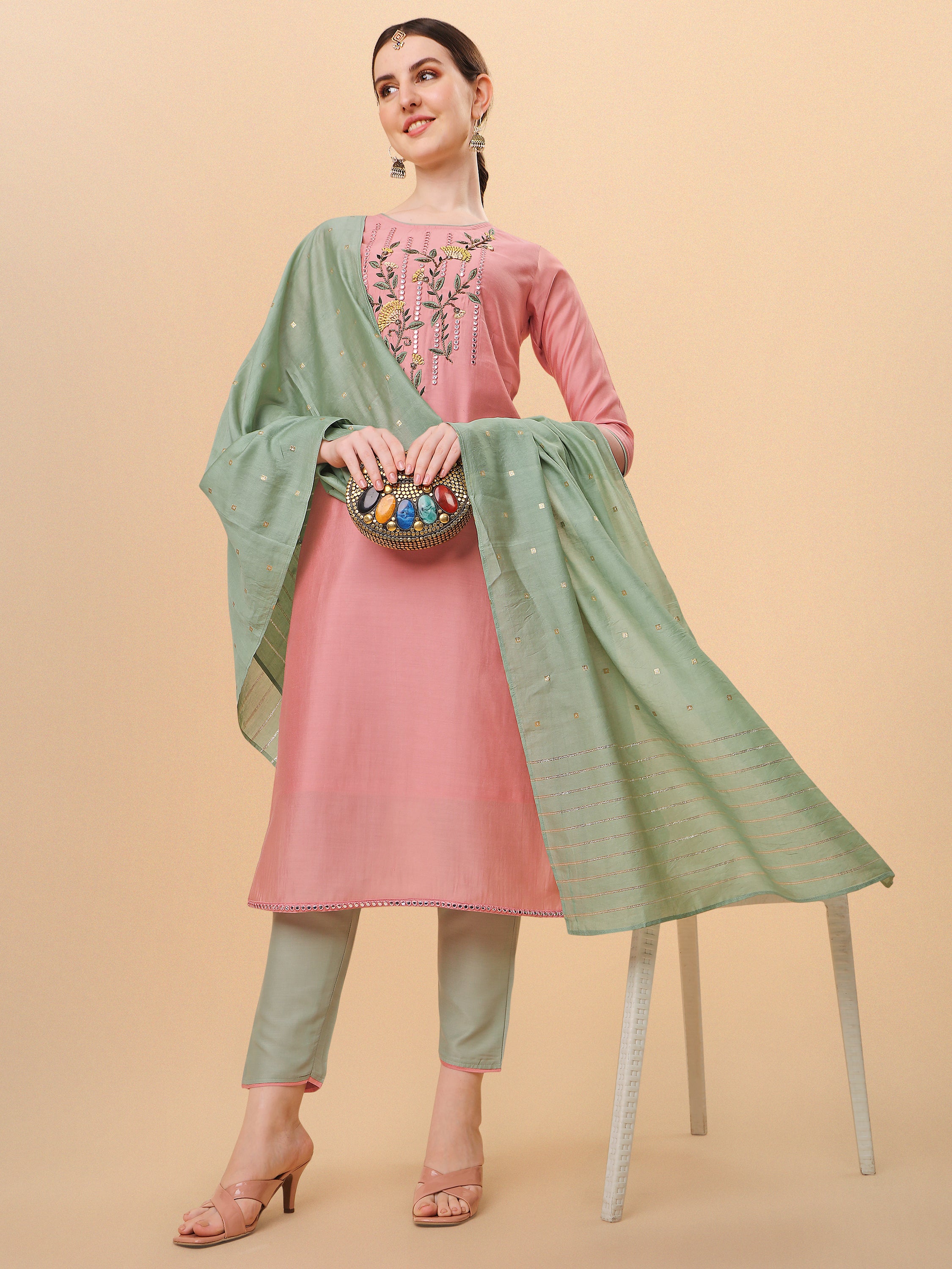 Mirror Embroidered Kurta with & Dupatta Set