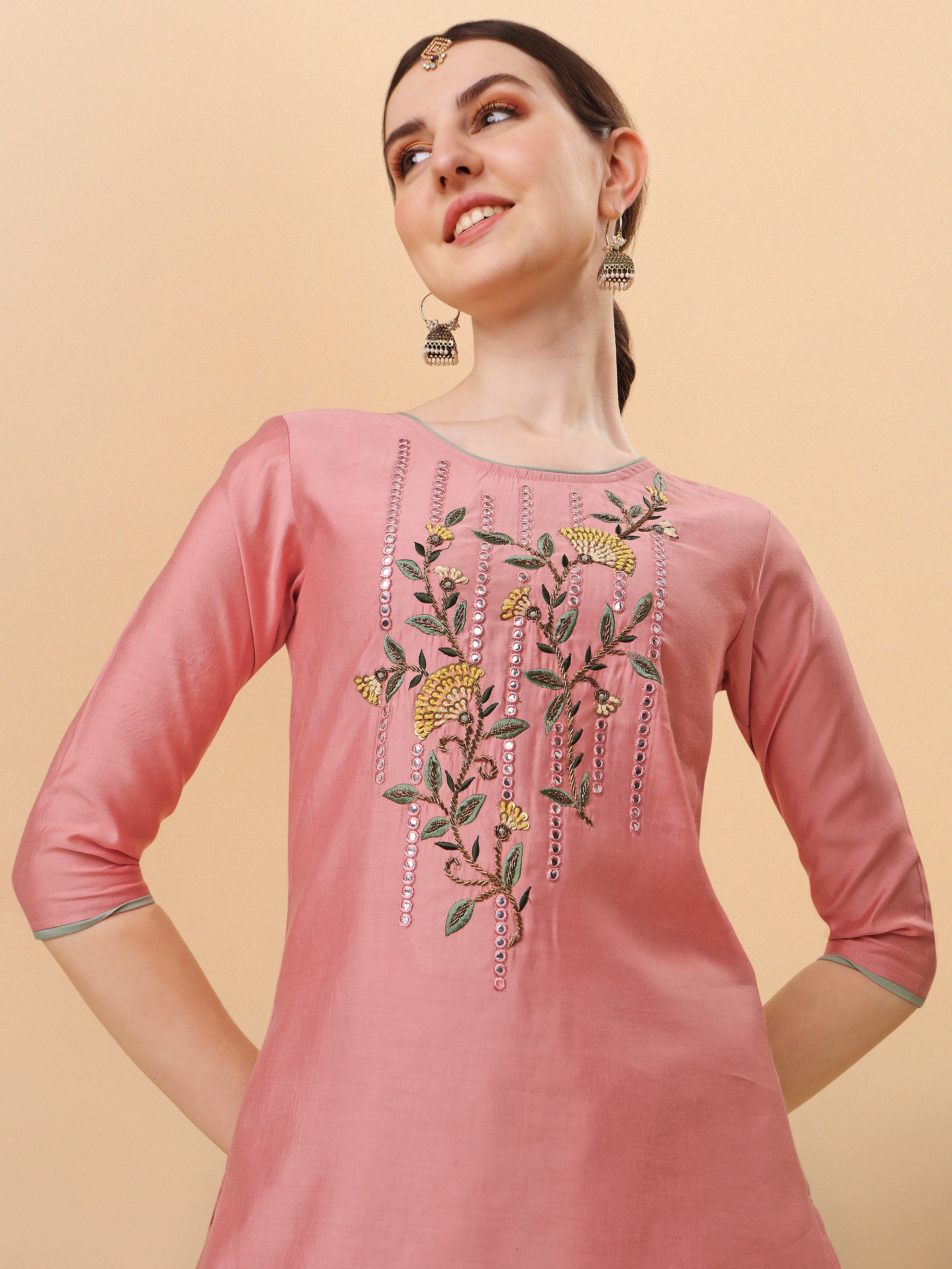 Mirror Embroidered Kurta with & Dupatta Set