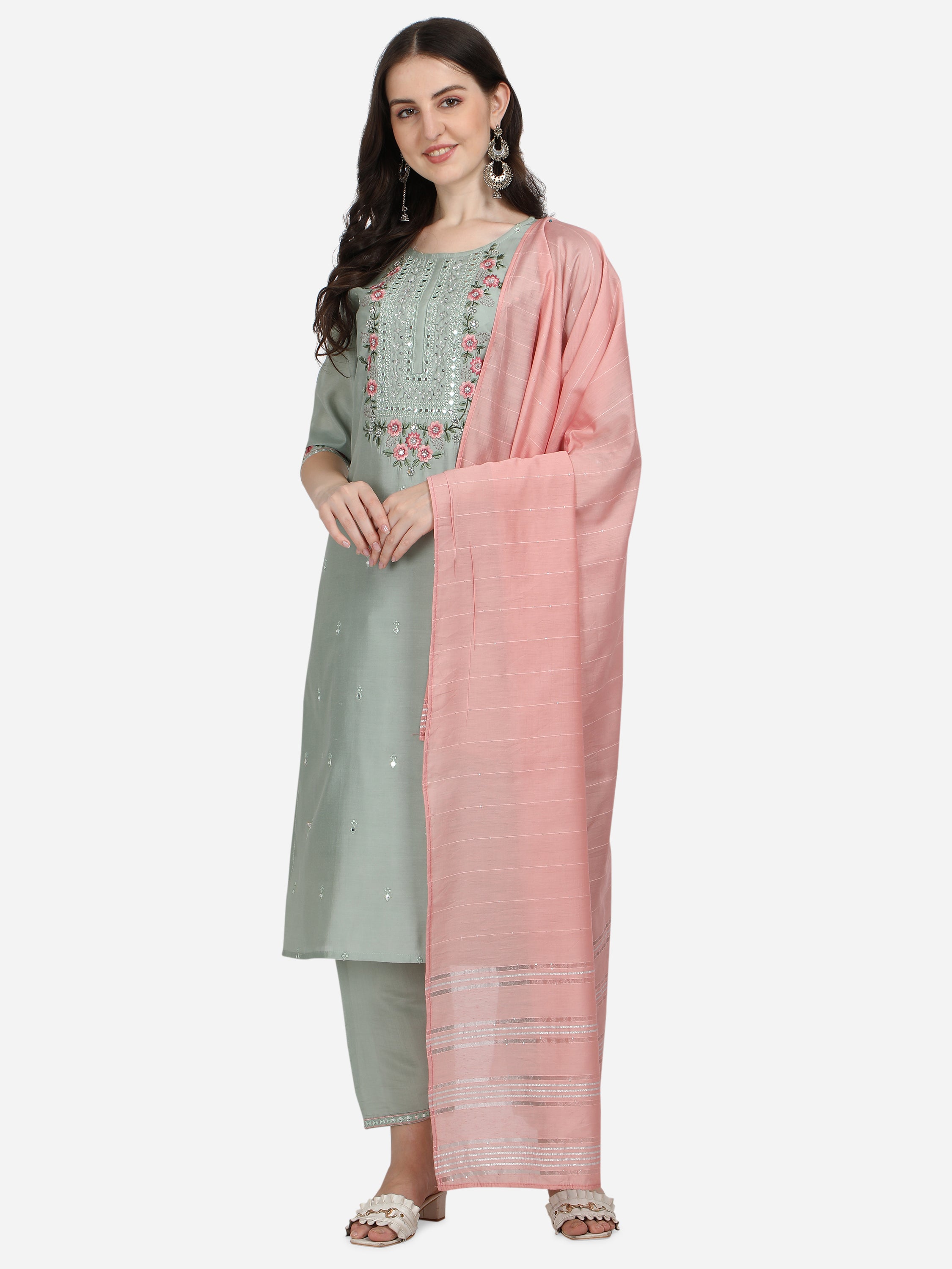 Embroidered Kurta With Pant & Dupatta Set