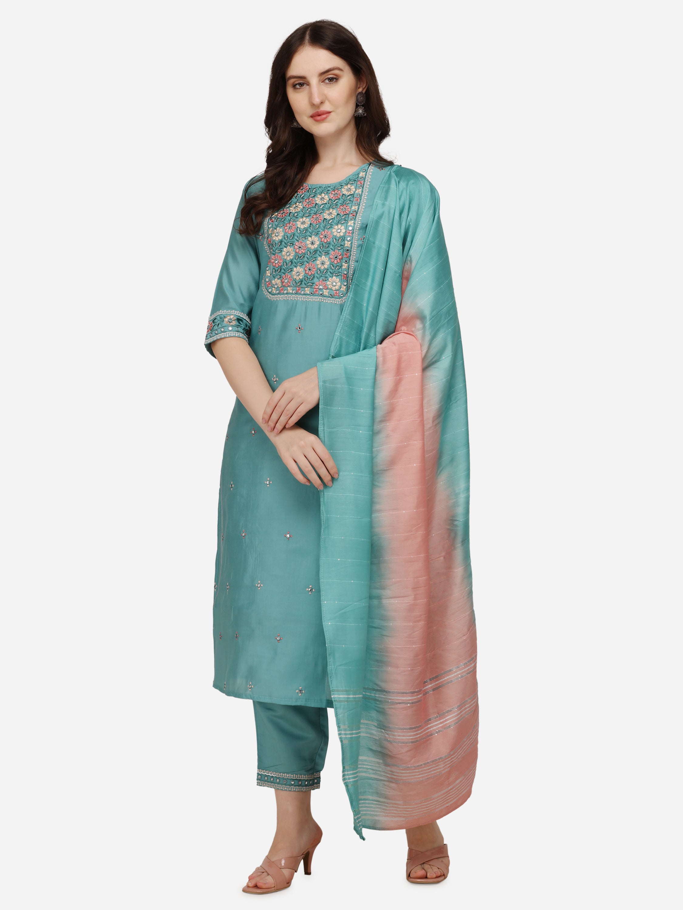 Floral  Embroidered Kurta with Pant & Dupatta Set