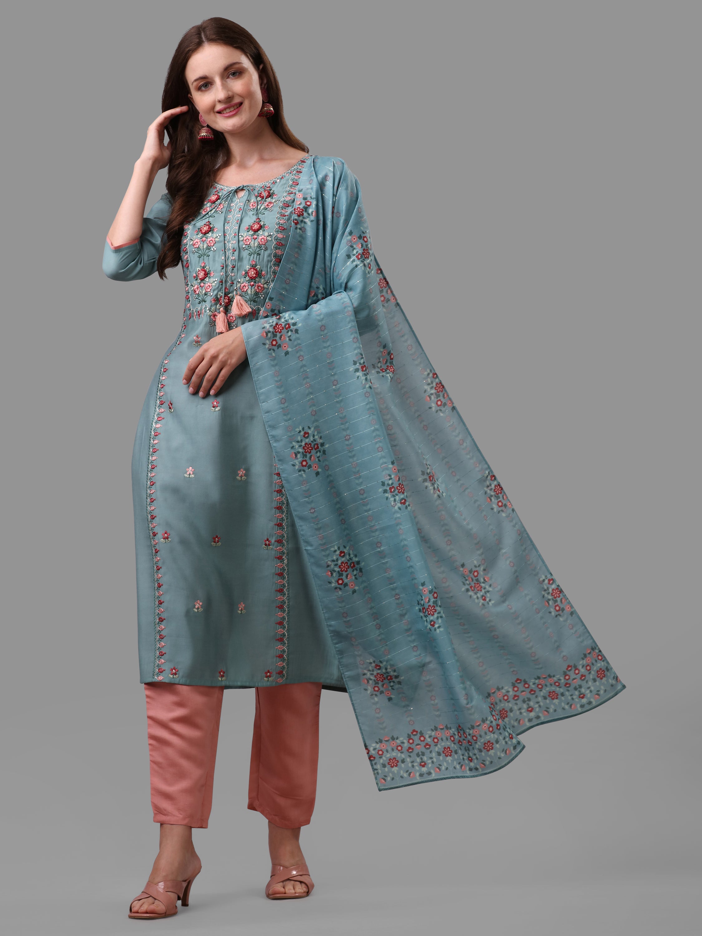 Blue Embroidered kurta pant & dupatta set