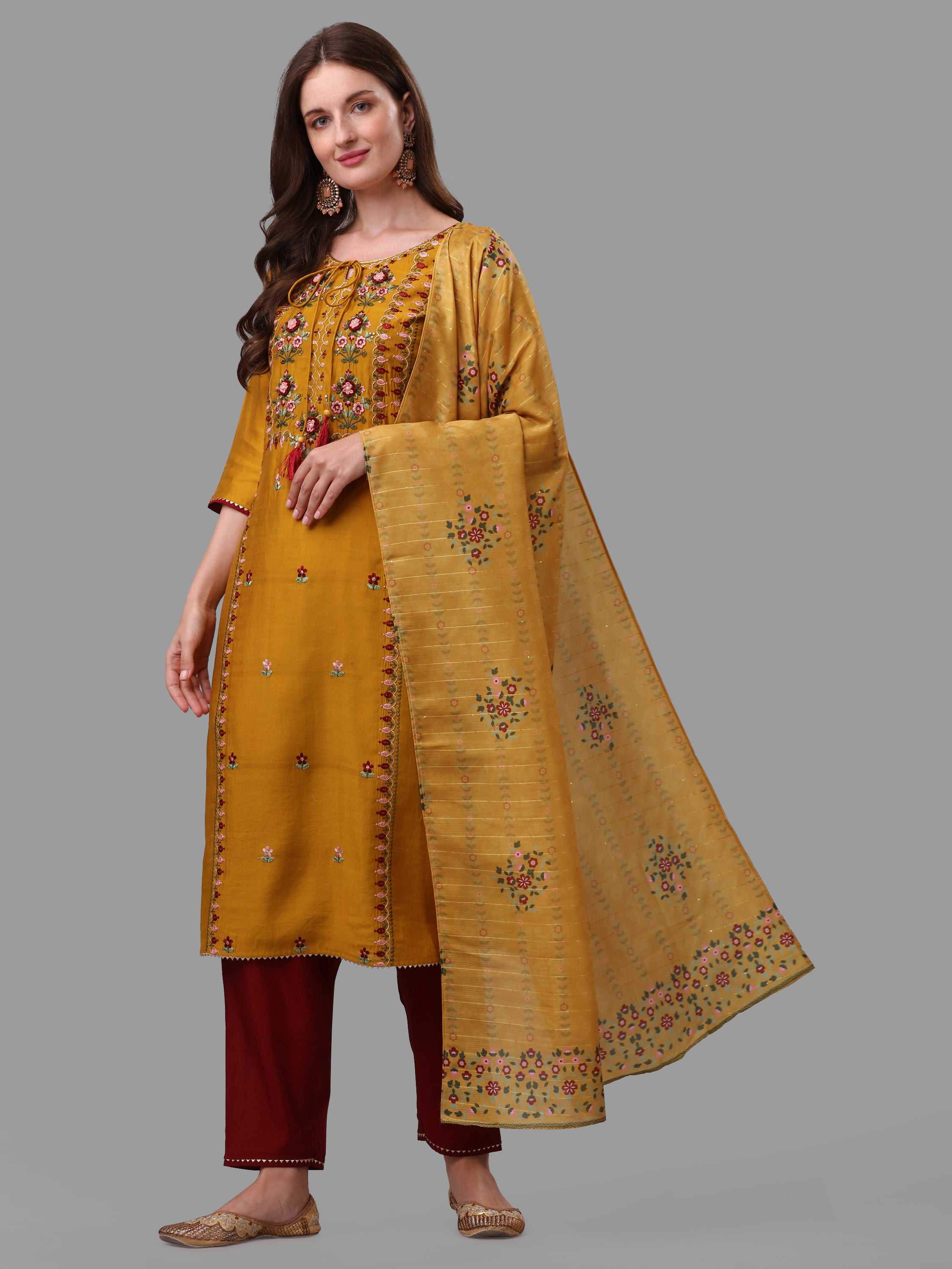 Mustard Embroidered kurta pant & dupatta set