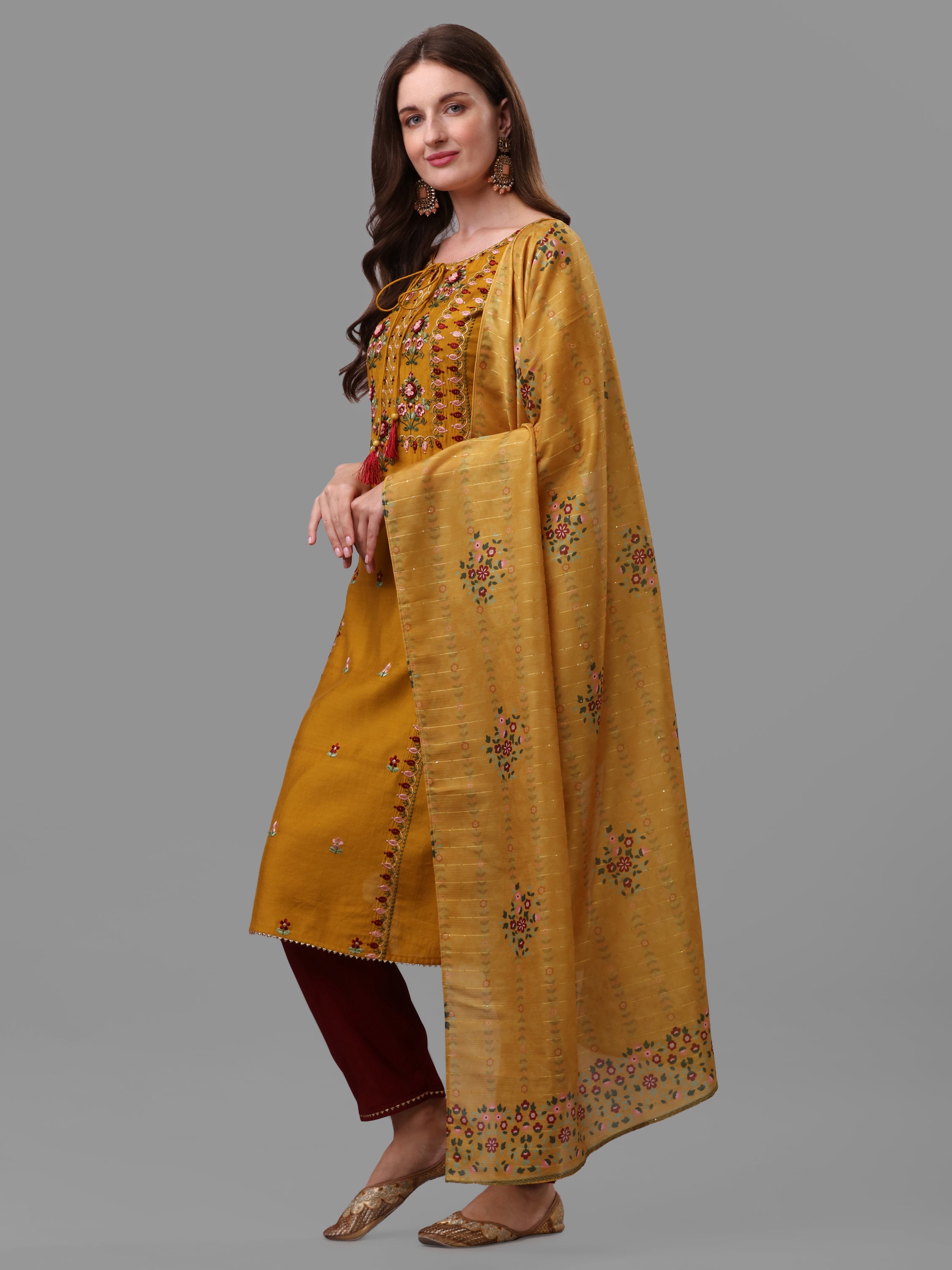 Mustard Embroidered kurta pant & dupatta set