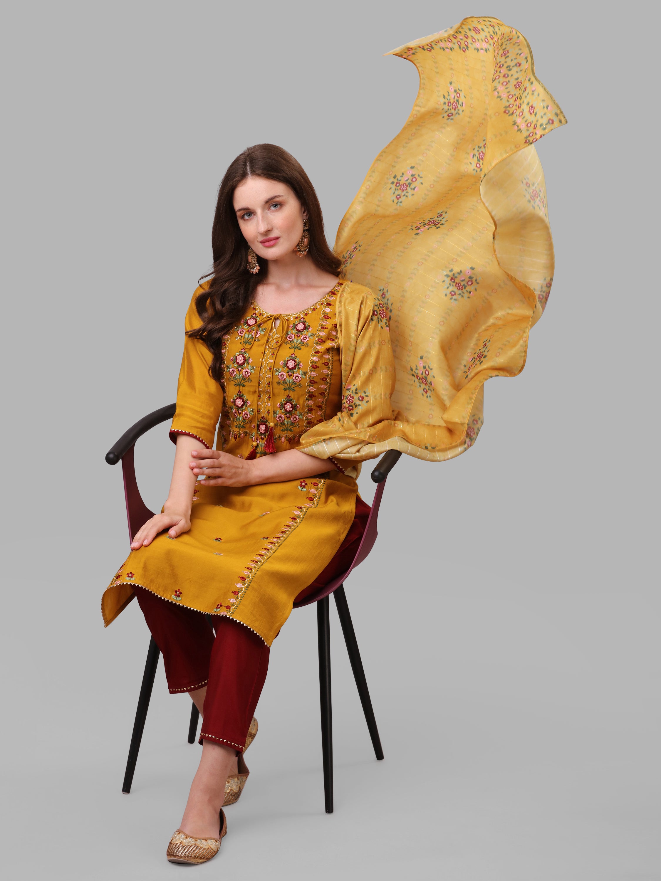 Mustard Embroidered kurta pant & dupatta set