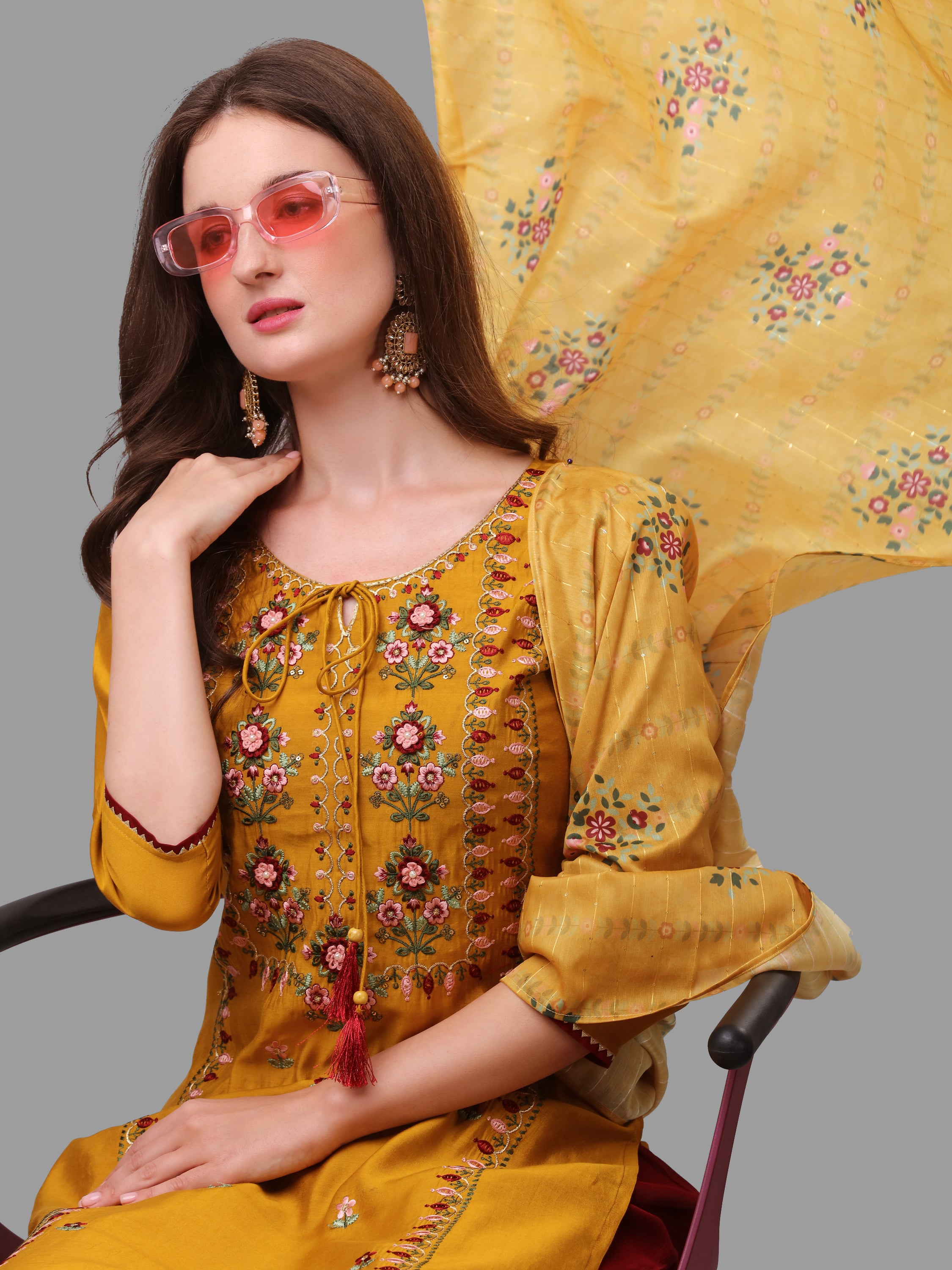 Mustard Embroidered kurta pant & dupatta set