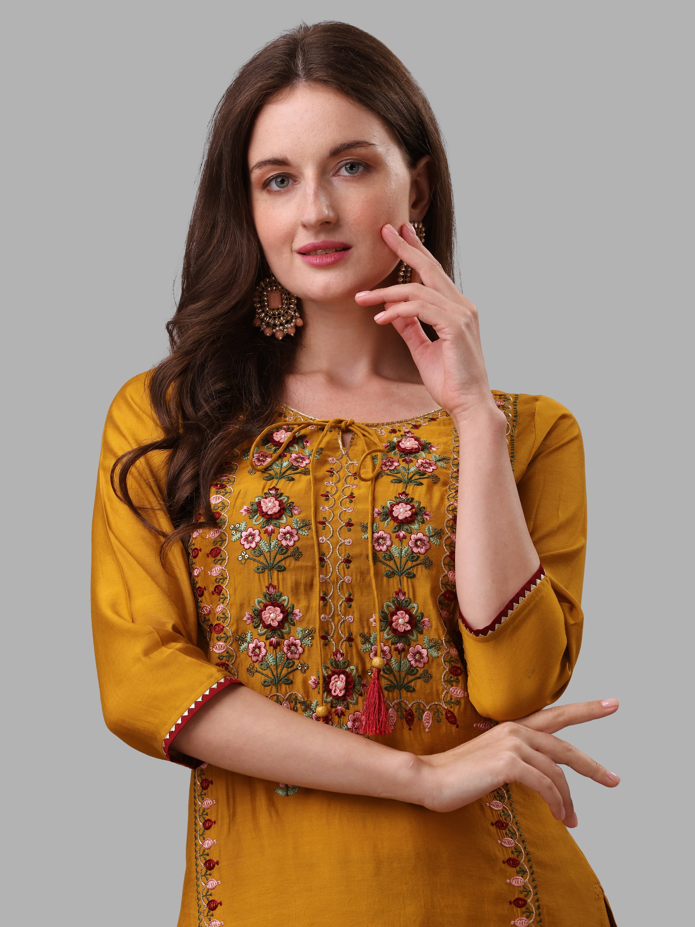 Mustard Embroidered kurta pant & dupatta set