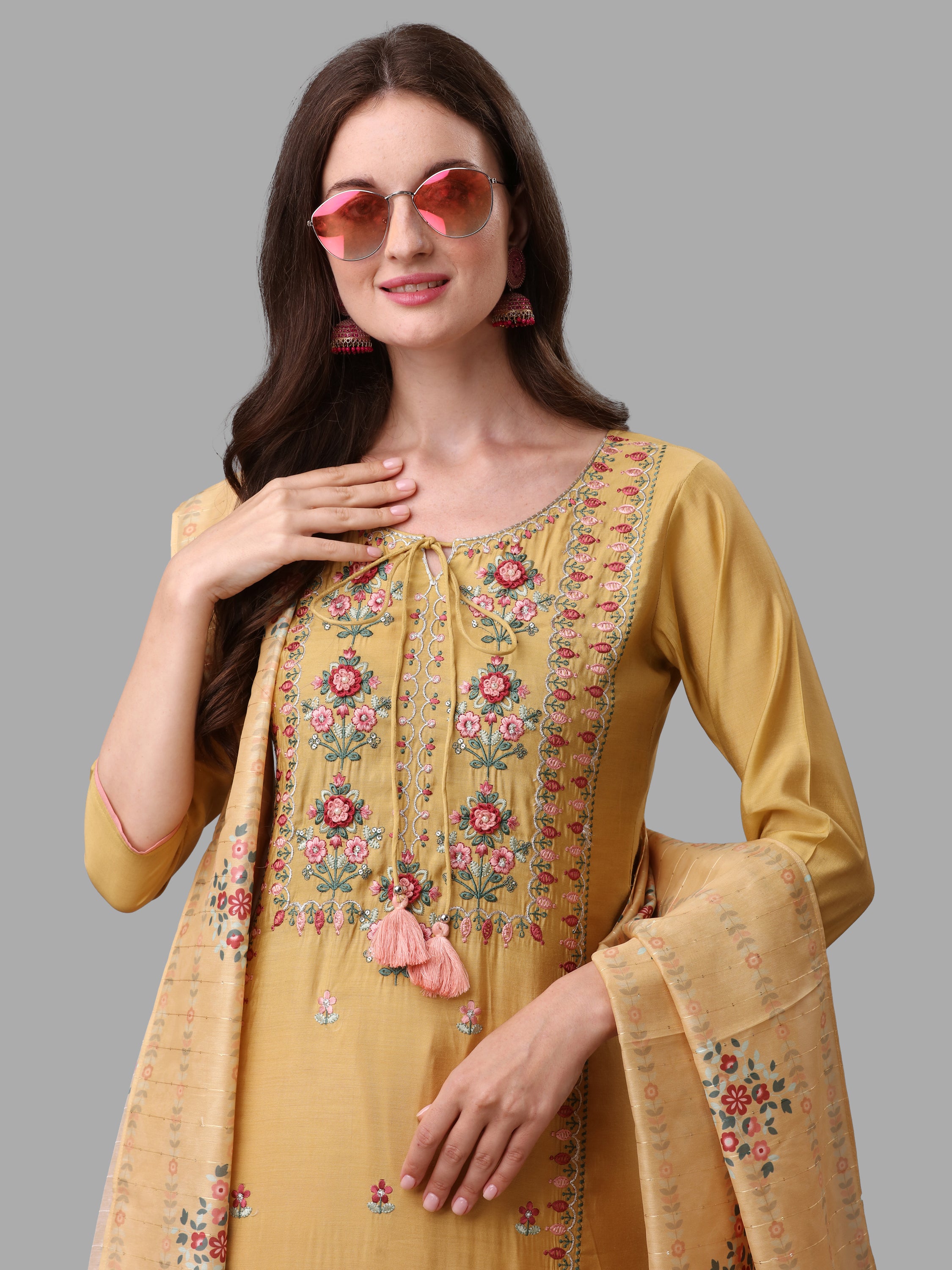 Yellow Embroidered kurta pant & dupatta set