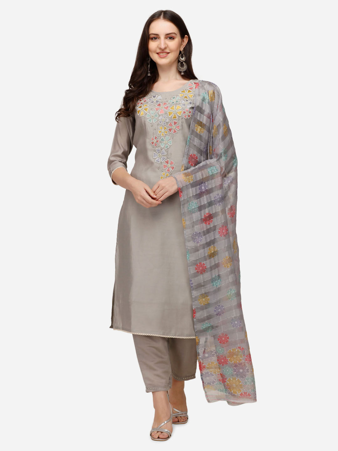 Hand  Embroidered Kurta with Pant  & Printed Dupatta Set