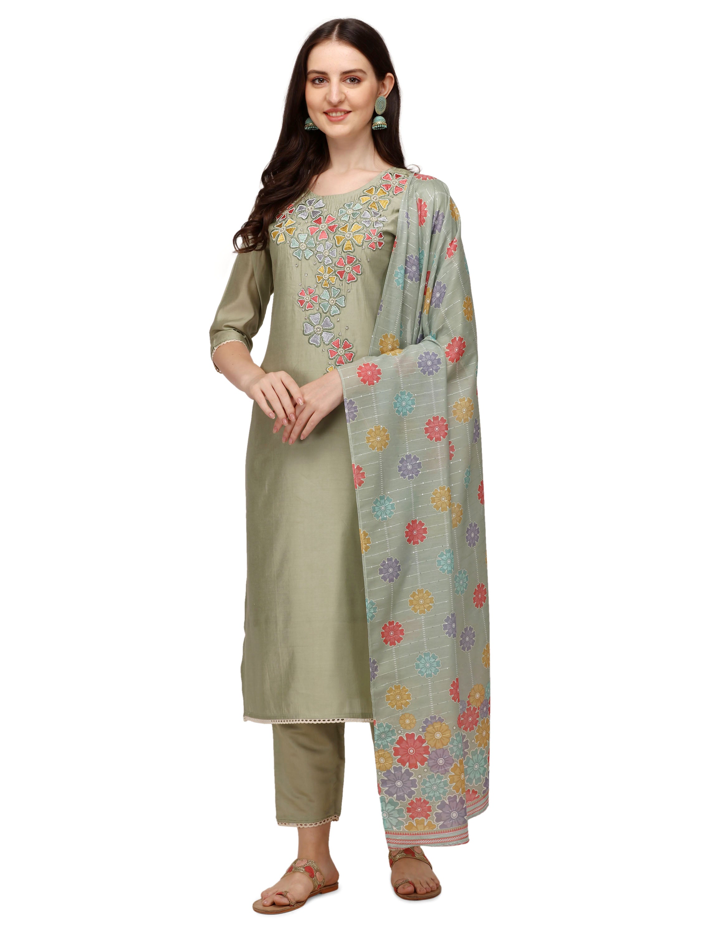 Hand Embroidered Kurta with Pant & Printed Dupatta