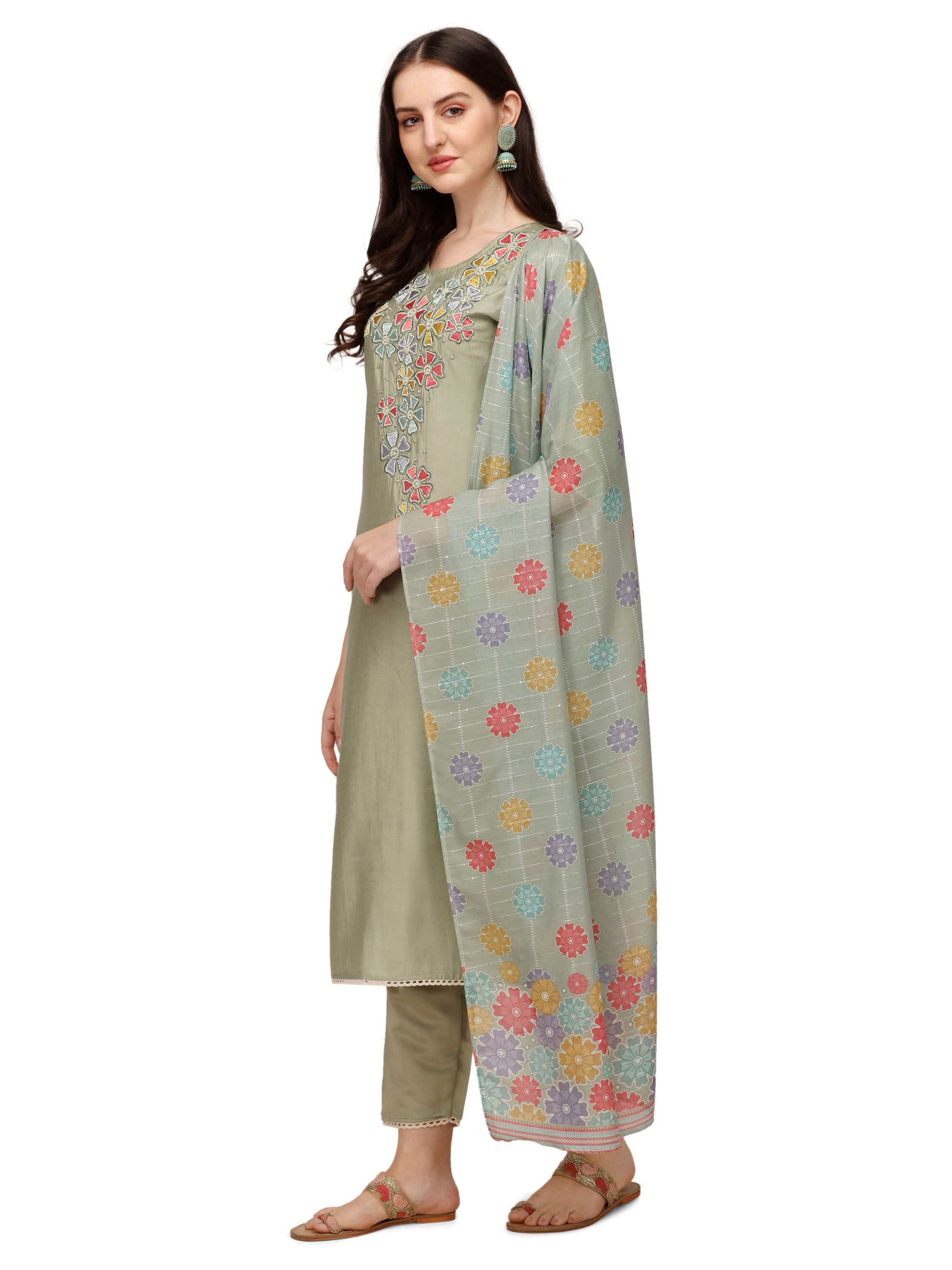 Hand Embroidered Kurta with Pant & Printed Dupatta