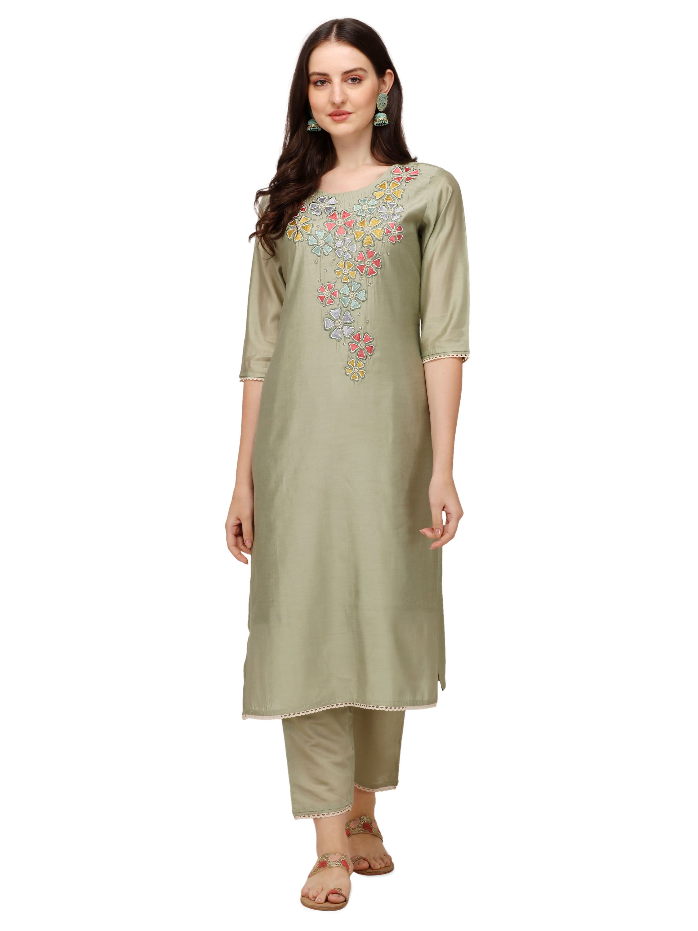 Hand Embroidered Kurta with Pant & Printed Dupatta