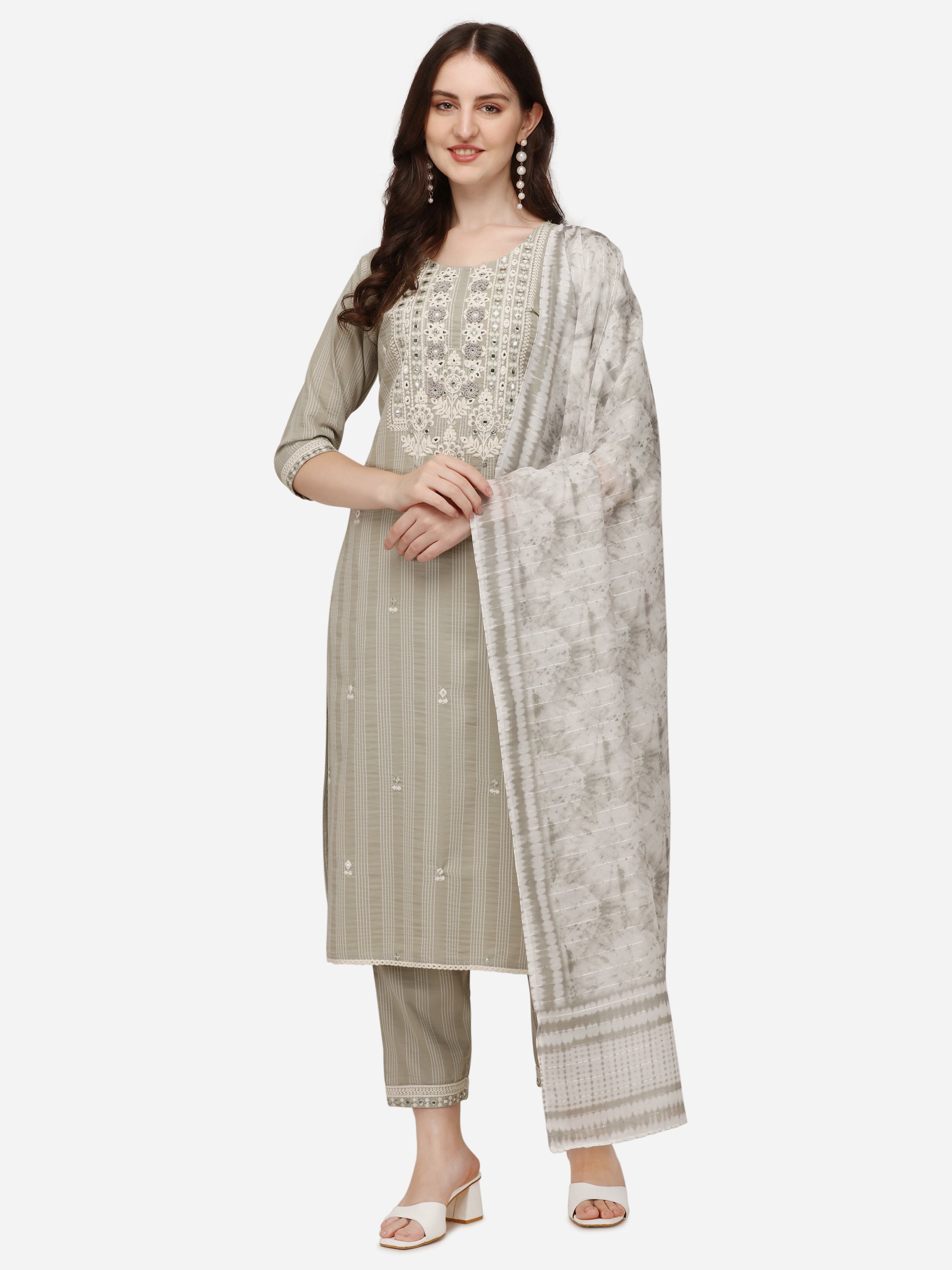 Floral  Embroidered & Thread Work Kurta with Pant & Dupatta Set