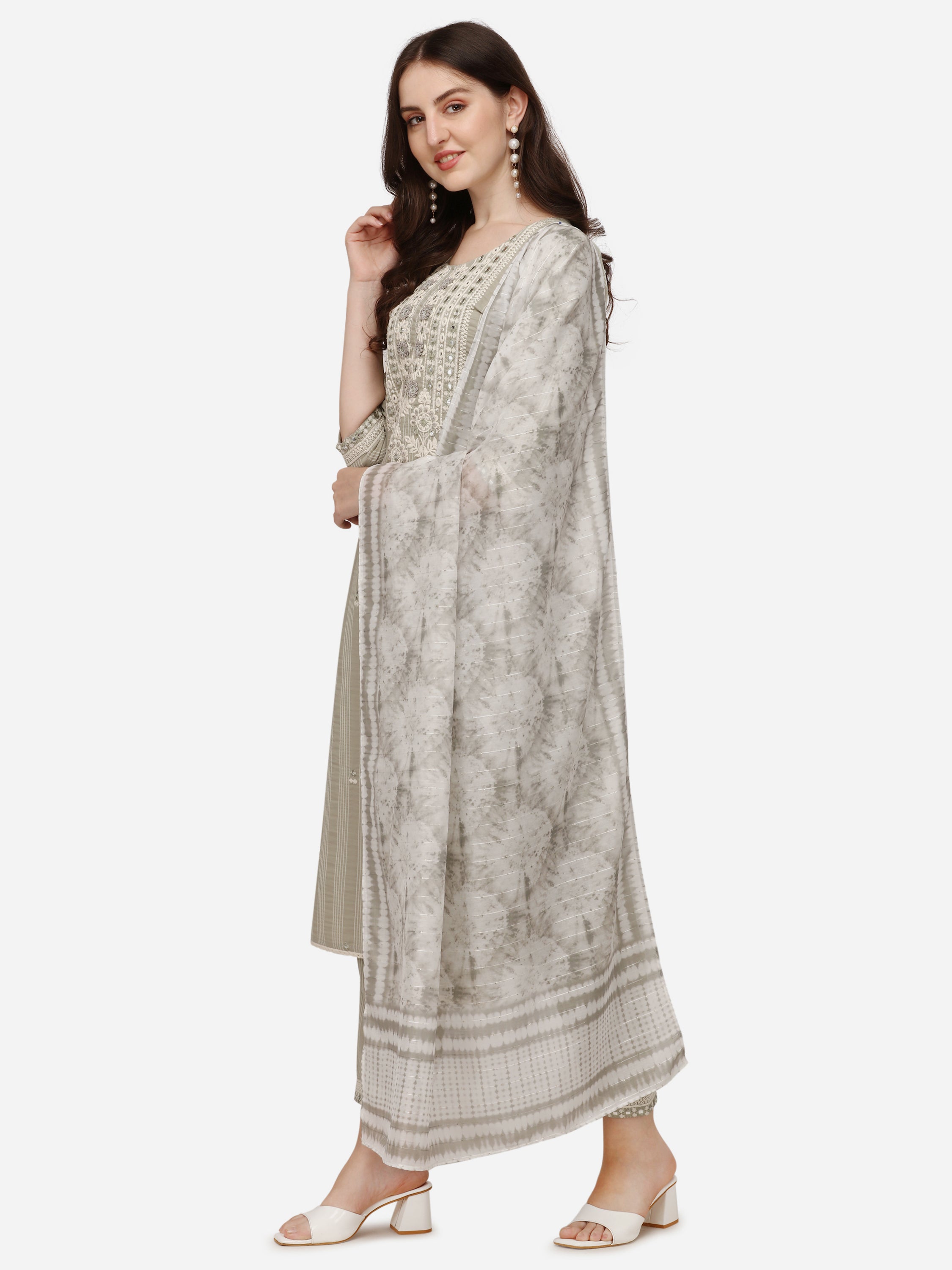 Floral  Embroidered & Thread Work Kurta with Pant & Dupatta Set