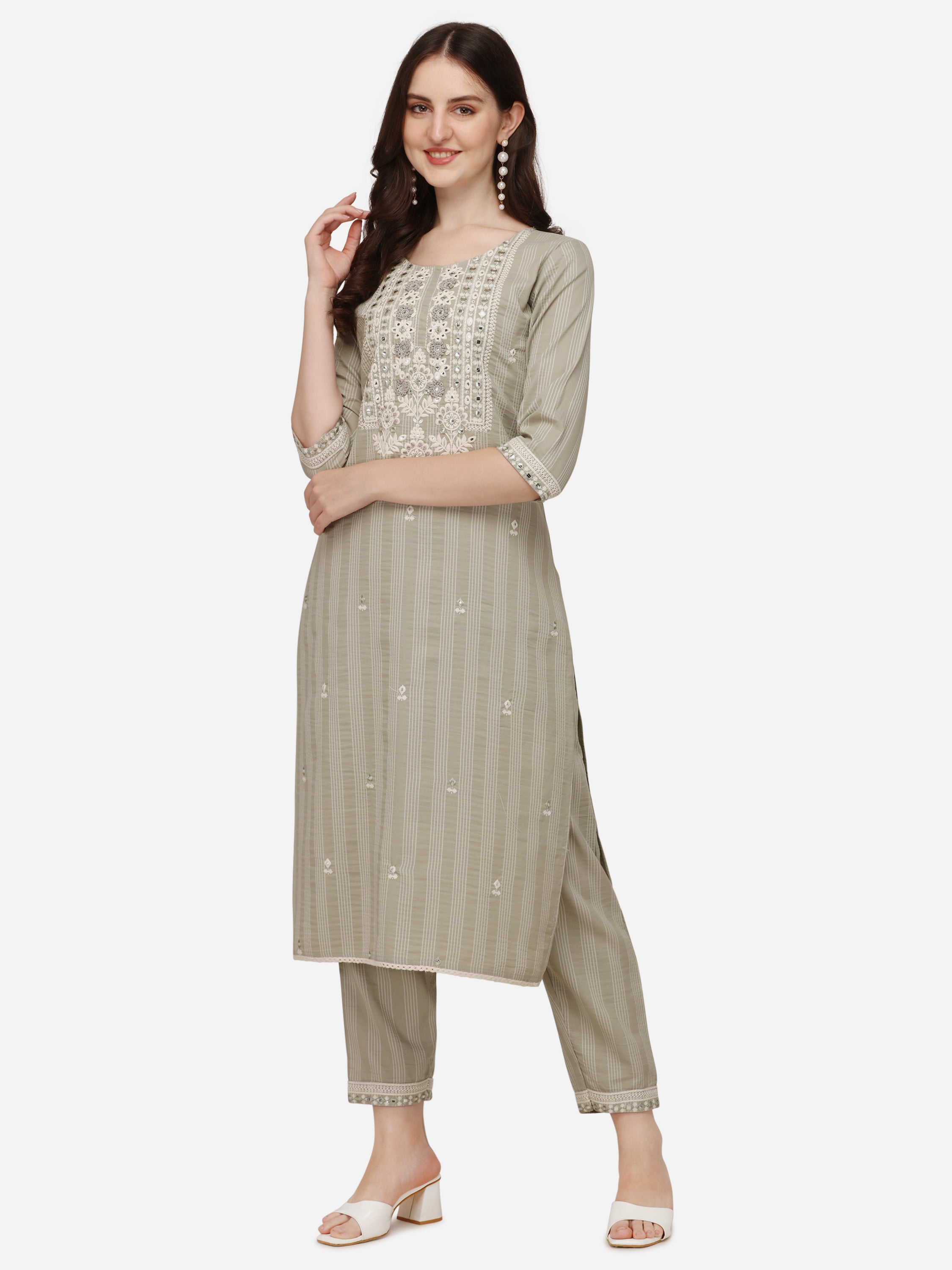 Floral  Embroidered & Thread Work Kurta with Pant & Dupatta Set