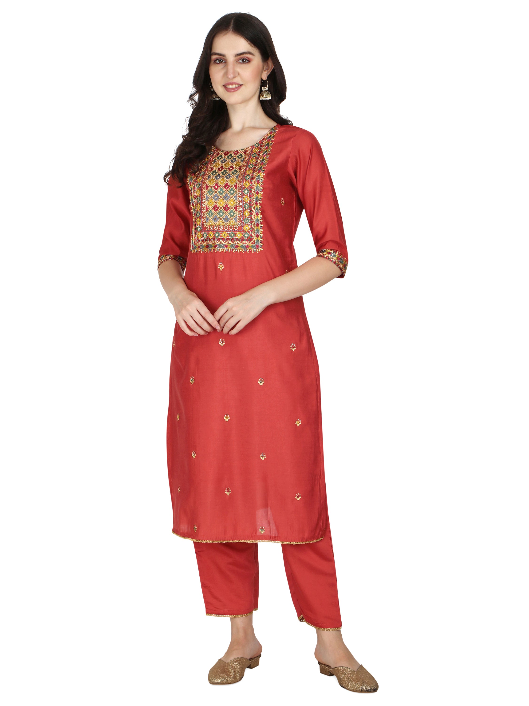 Embroidered Kurta with Pant & Printed Dupatta Set