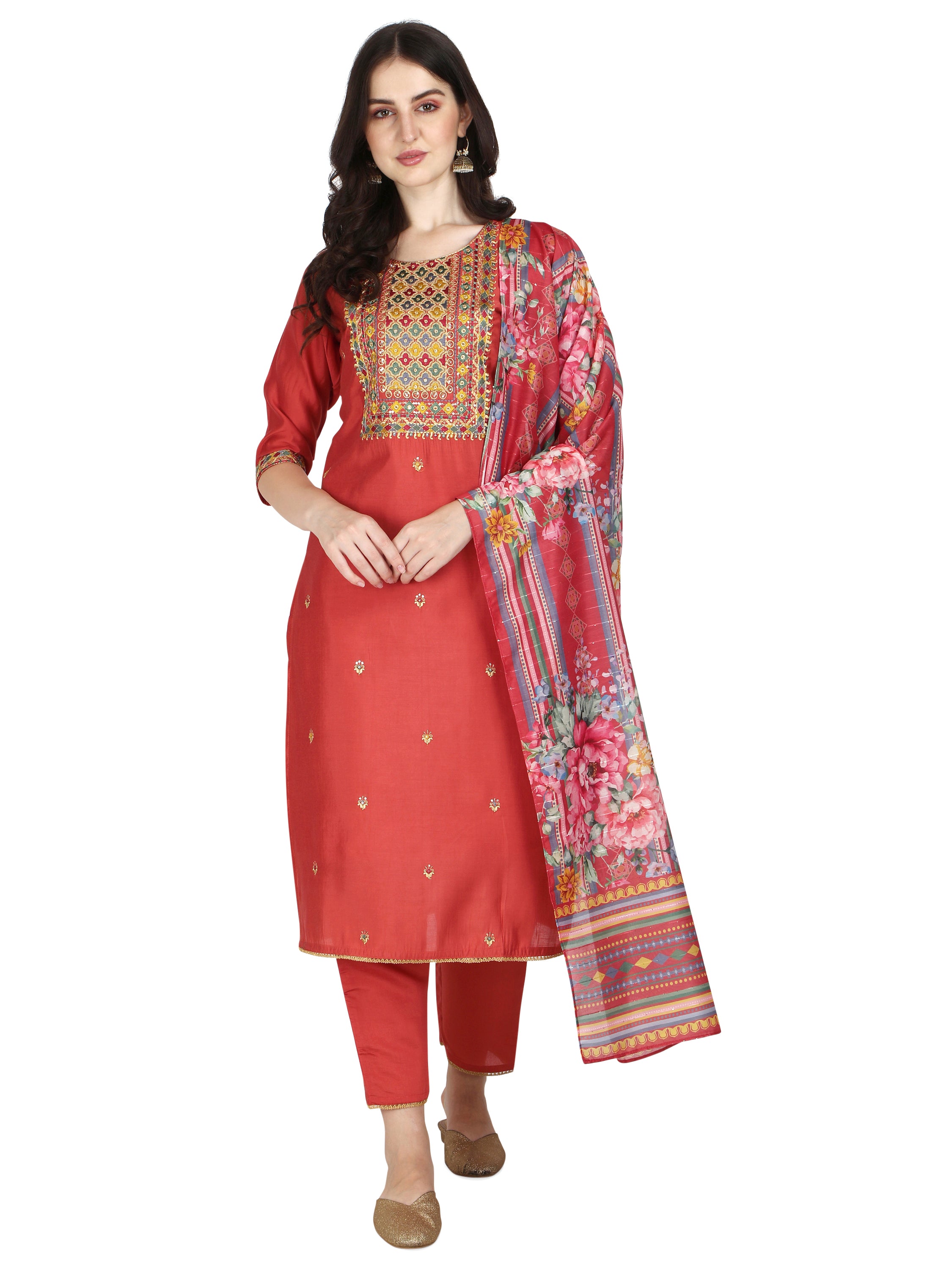 Embroidered Kurta with Pant & Printed Dupatta Set