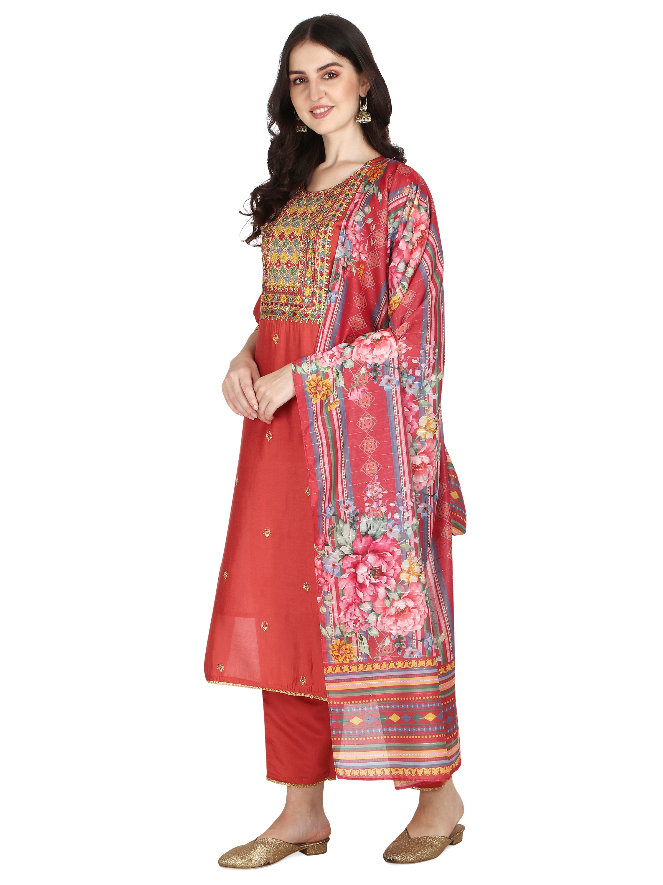 Embroidered Kurta with Pant & Printed Dupatta Set